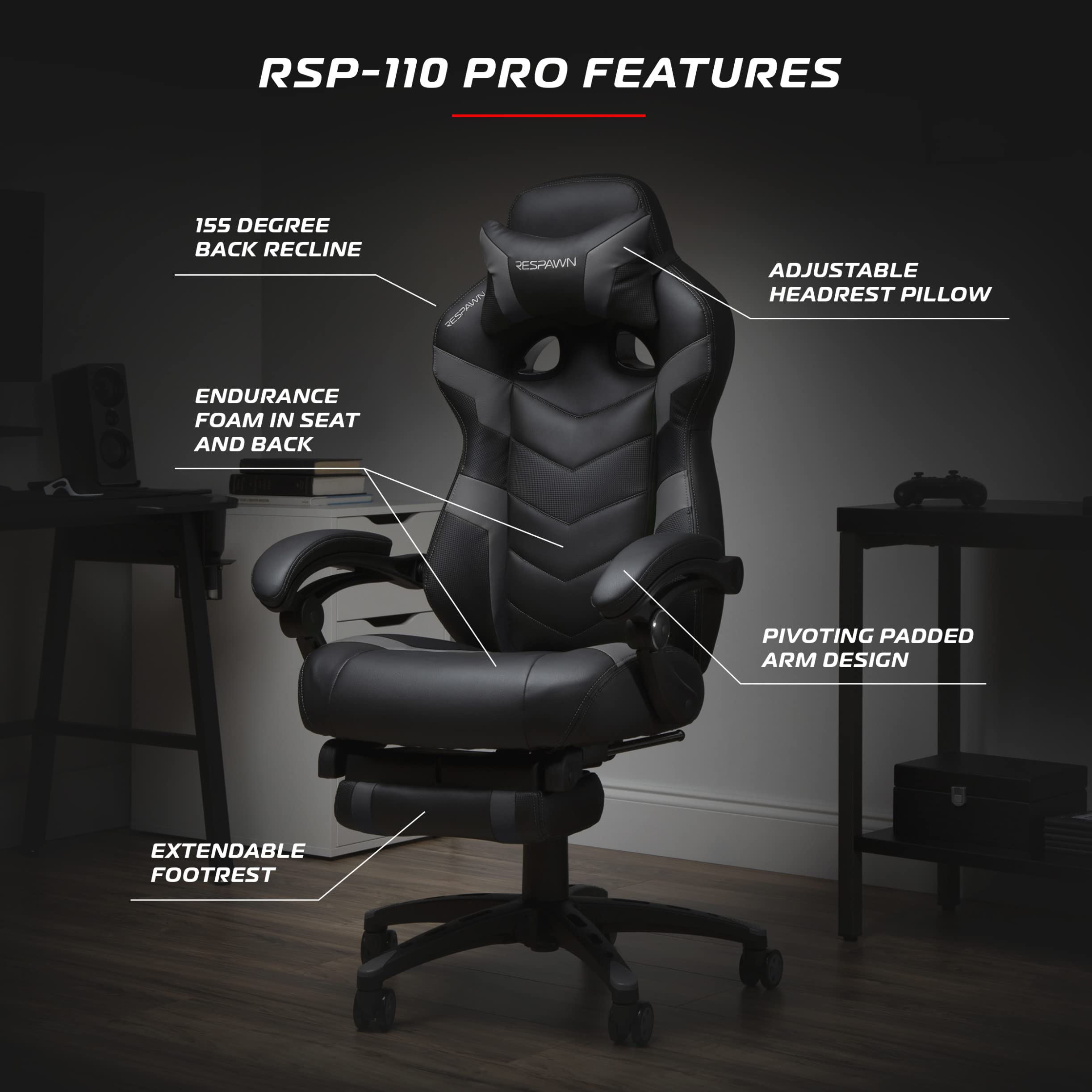 RESPAWN 110 Pro Ergonomic Gaming Chair with Adjustable Footrest & Headrest - Reclining Computer Desk Chair for Adults - Grey | Perfect for PC Gaming, Home Office & Streaming Setup