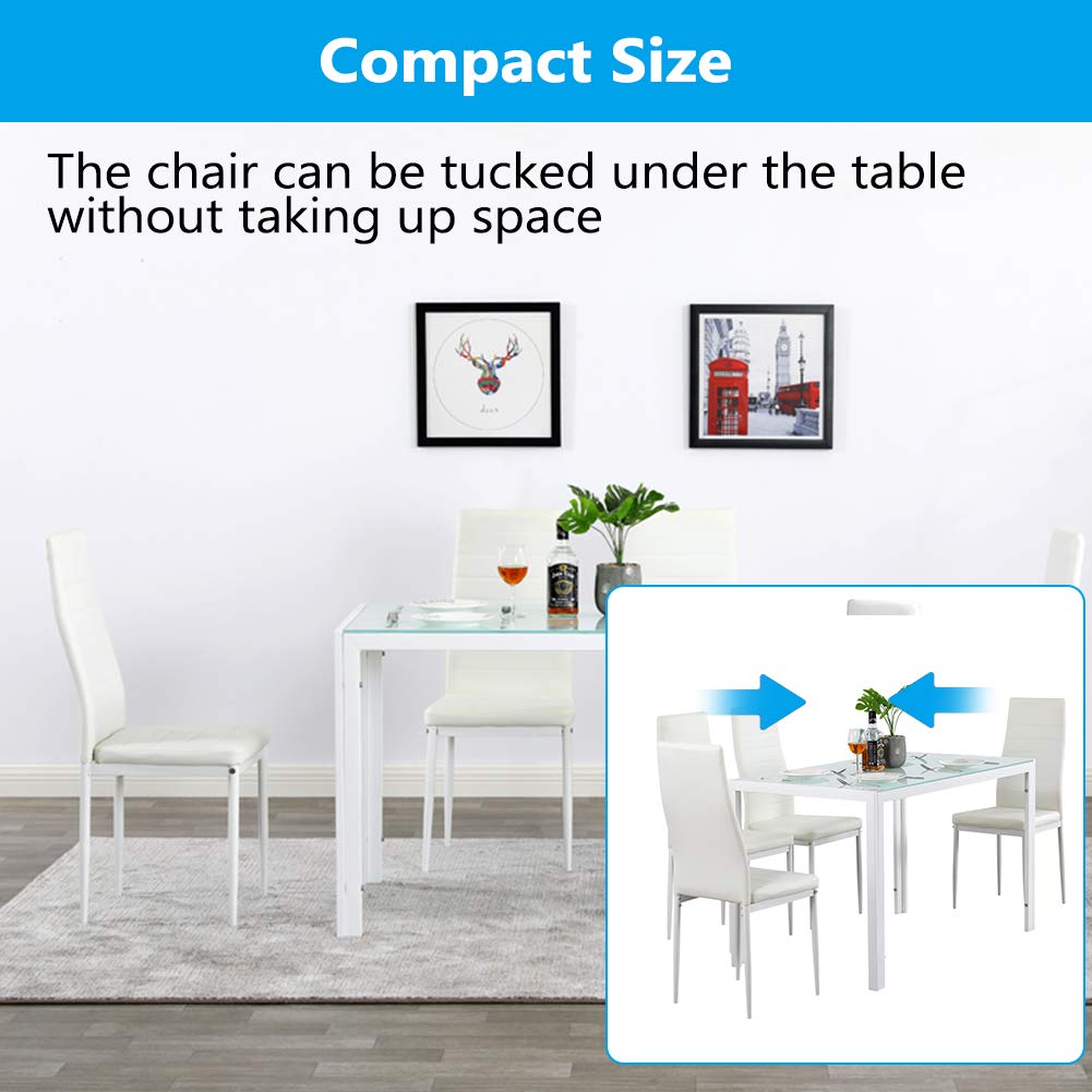 5-Piece Modern Glass Dining Table Set with 4 PU Leather Chairs - White Rectangle Kitchen & Dining Room Furniture for 4 People | Perfect for Small Spaces, Apartments, and Family Gatherings