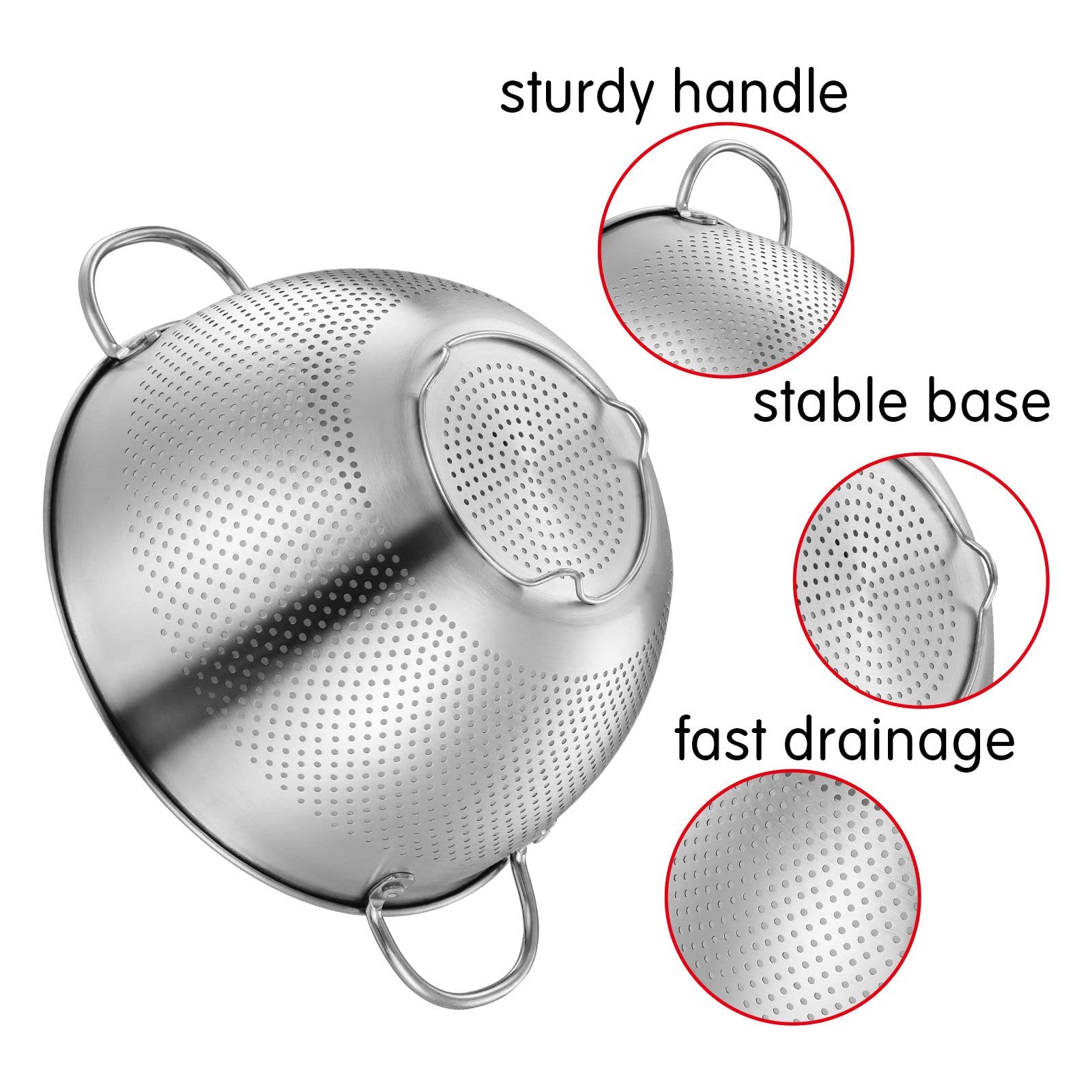 Stainless Steel Colander with Handle & Feet - 24cm/4.2QT Pasta Strainer for Noodles, Rice, Vegetables & Fruits - Dishwasher Safe Metal Food Strainer - Perfect for Kitchen, Cooking & Meal Prep