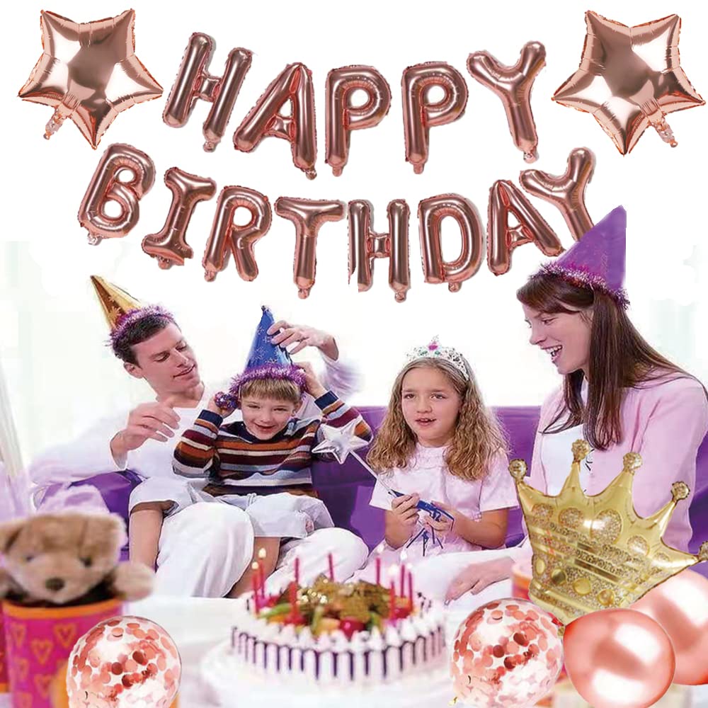25-Piece Rose Gold Happy Birthday Party Decorations Set - Prince & Princess Crown, Banner, Star Aluminum Balloons, Confetti & Sequin Latex Balloons for Birthday Parties, Baby Showers & Special Events