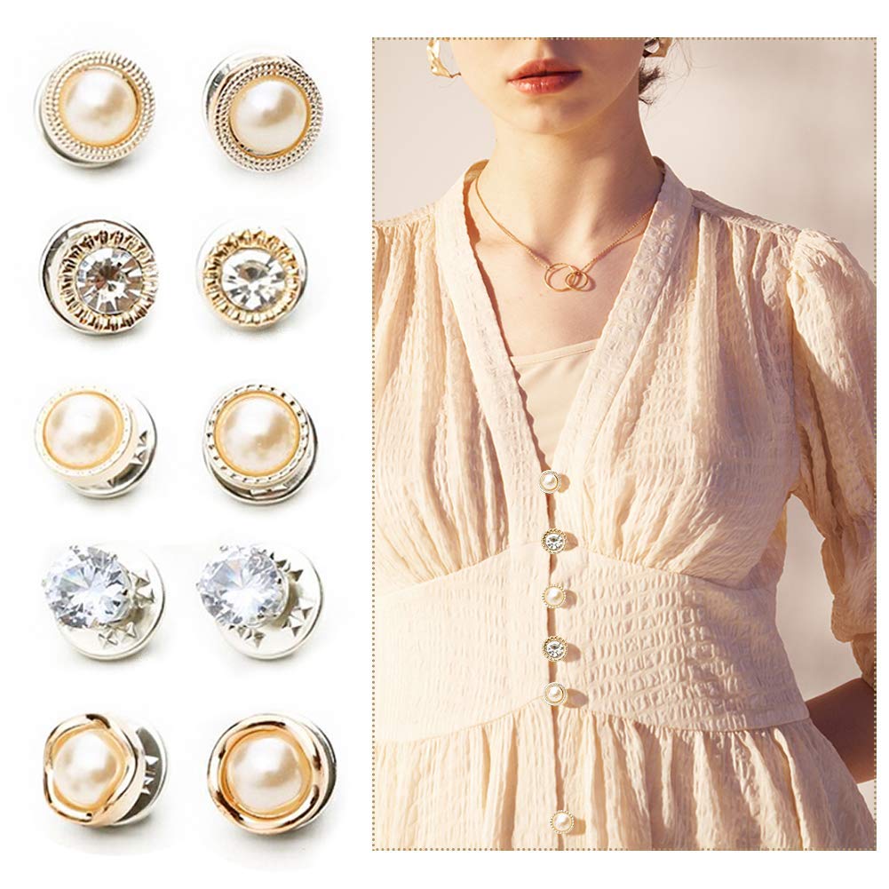 Joyci 10-Pack Women's Shirt Brooch Lapel Pins - Pearl & Metal Decorative Buttons with Safety Clutch Back for Blouses, Sweaters & Knitwear - Elegant Fashion Accessories for Office, Party & Special Occasions