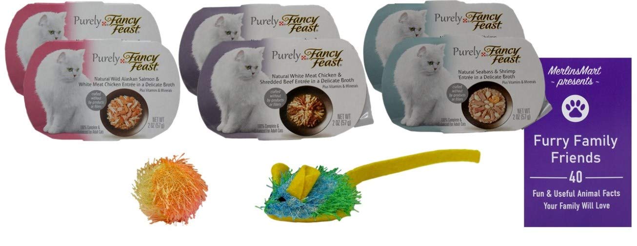 Premium Purely Fancy Feast Cat Food Variety Pack - 6 Cans (2 Each: Wild Alaskan Salmon & Chicken, White Meat Chicken & Beef, Seabass & Shrimp) 2oz + 2 Catnip Toys & Fun Facts Booklet - Delicious Wet Cat Food for Adult Cats | Perfect for Mealtime, Travel & Special Treats