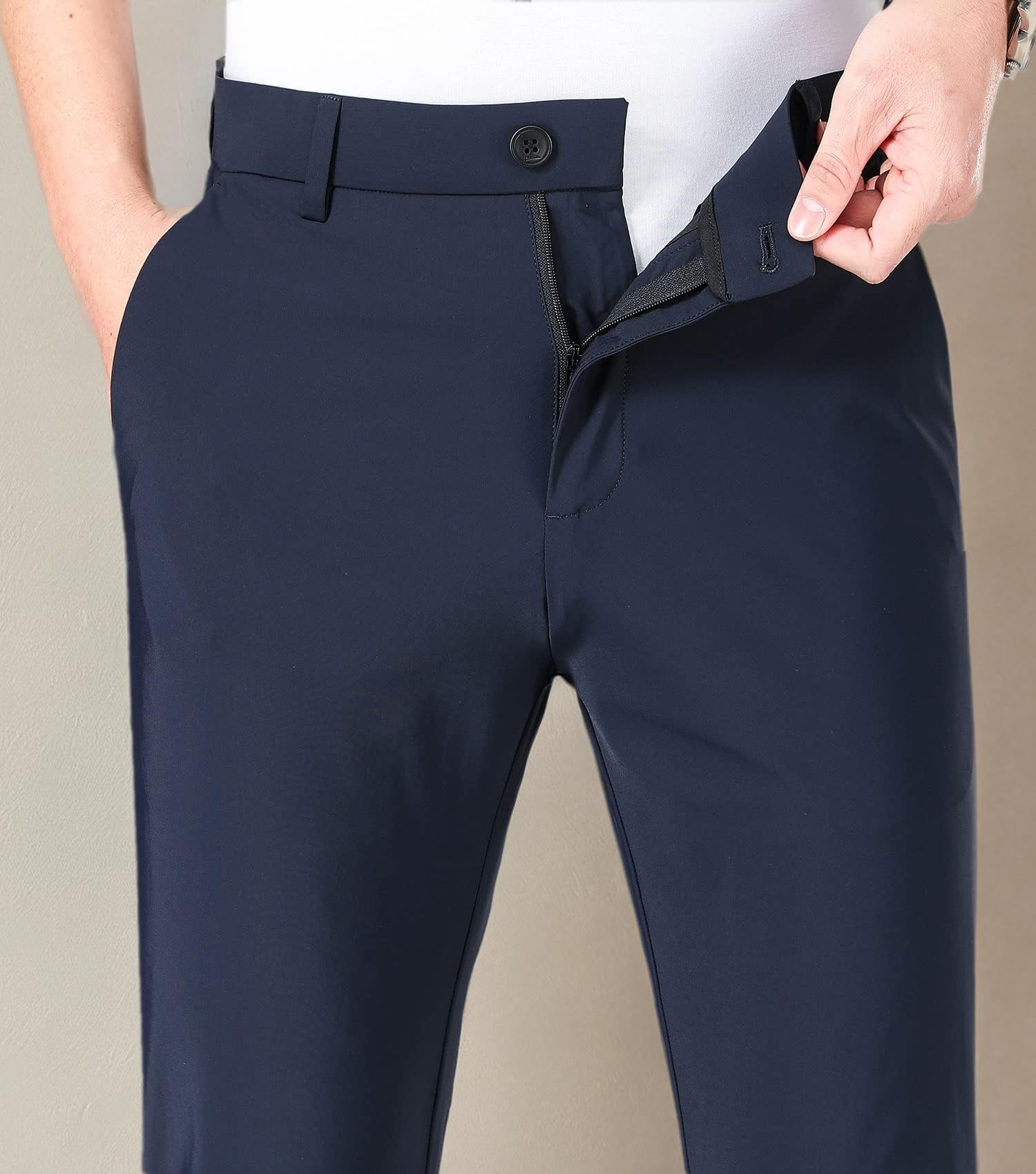 LUSHENUNI Men's Slim Fit High Stretch Golf Pants - Breathable Ice Silk Dress Pants with Expandable Waist for Comfort & Performance - Perfect for Golf, Office & Casual Wear