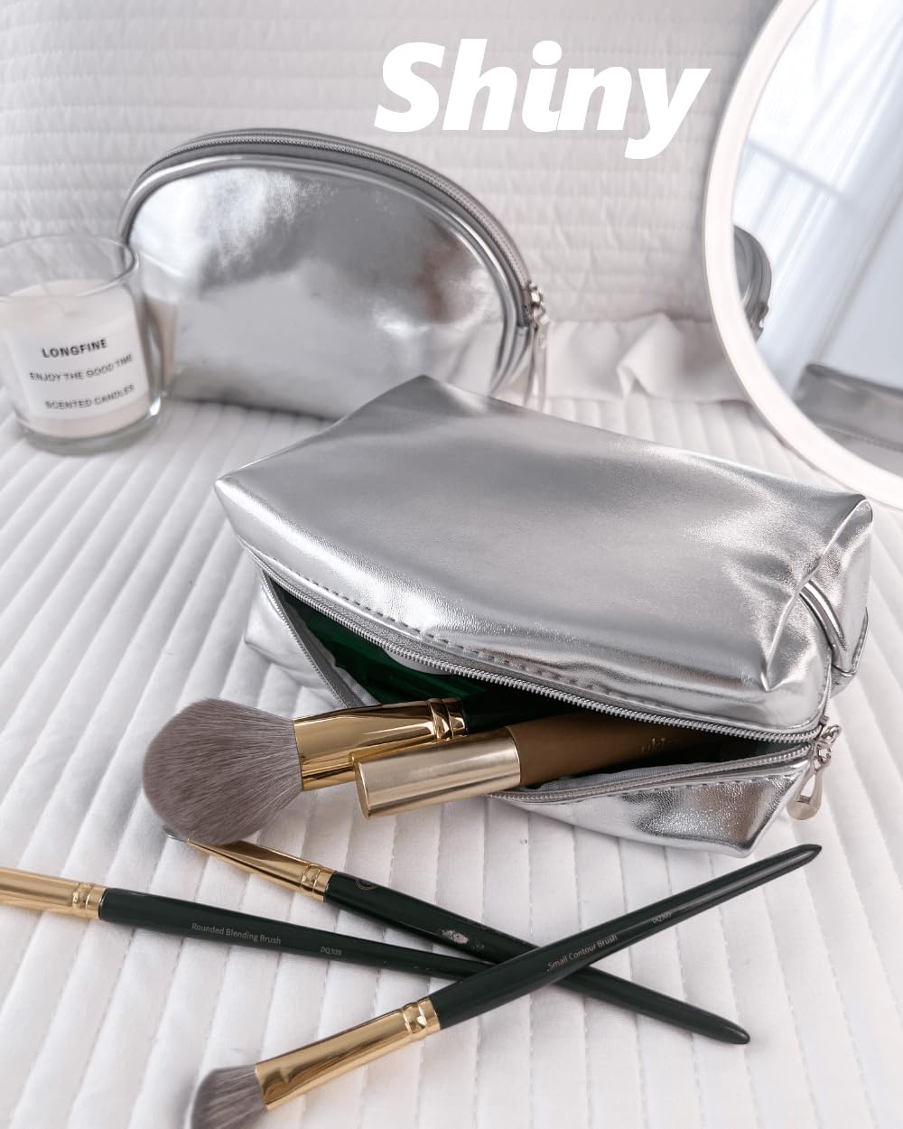 Small Makeup Bag for Women | Silver Leather Cosmetic Pouch | Travel & Everyday Essentials Organizer