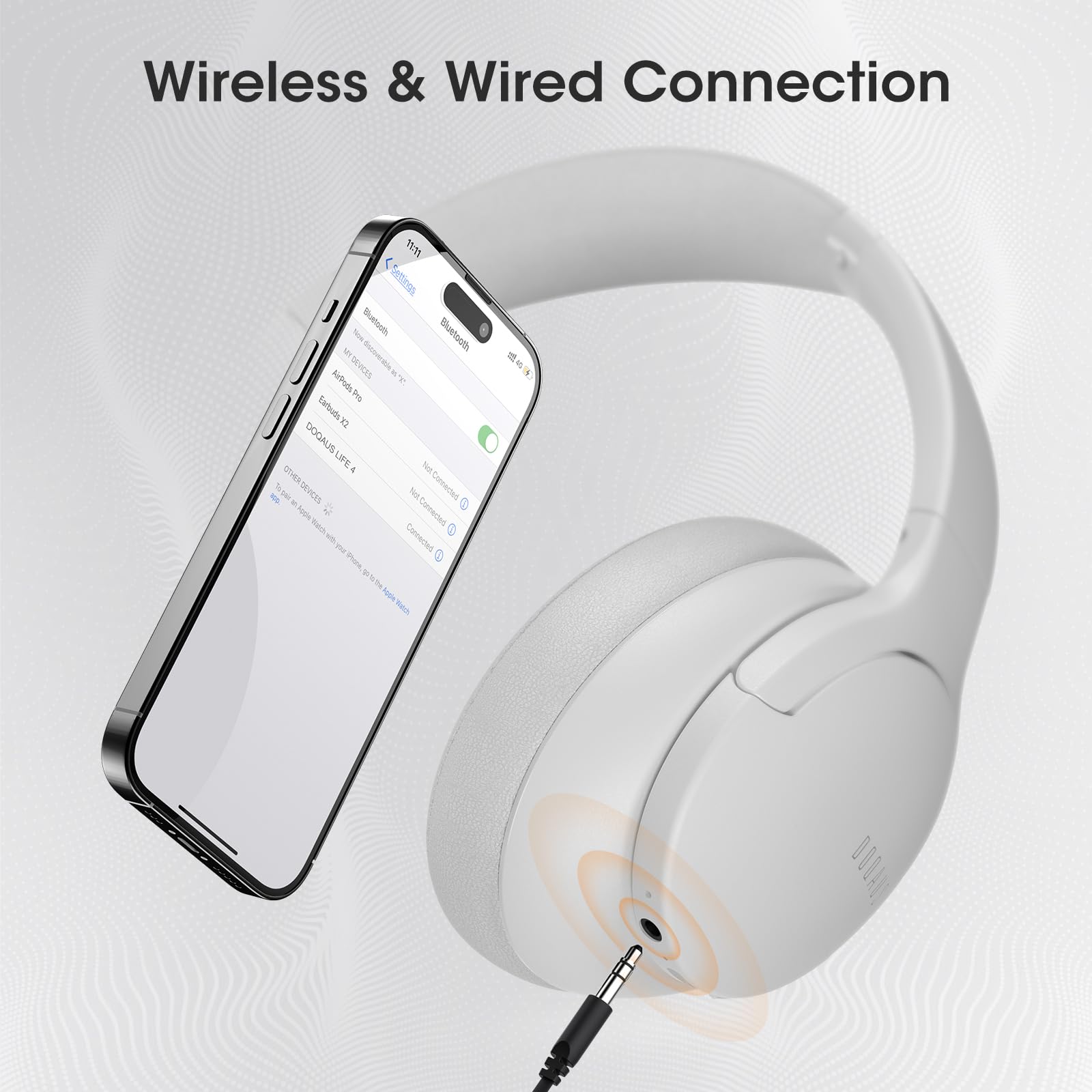 DOQAUS Wireless Over-Ear Headphones with 90H Playtime, Bluetooth 5.0, HiFi Stereo Sound, Deep Bass, Built-in Mic & 3 EQ Modes - Foldable Light Gray Headset for iPhone, Android, PC, Travel, Office & Gaming