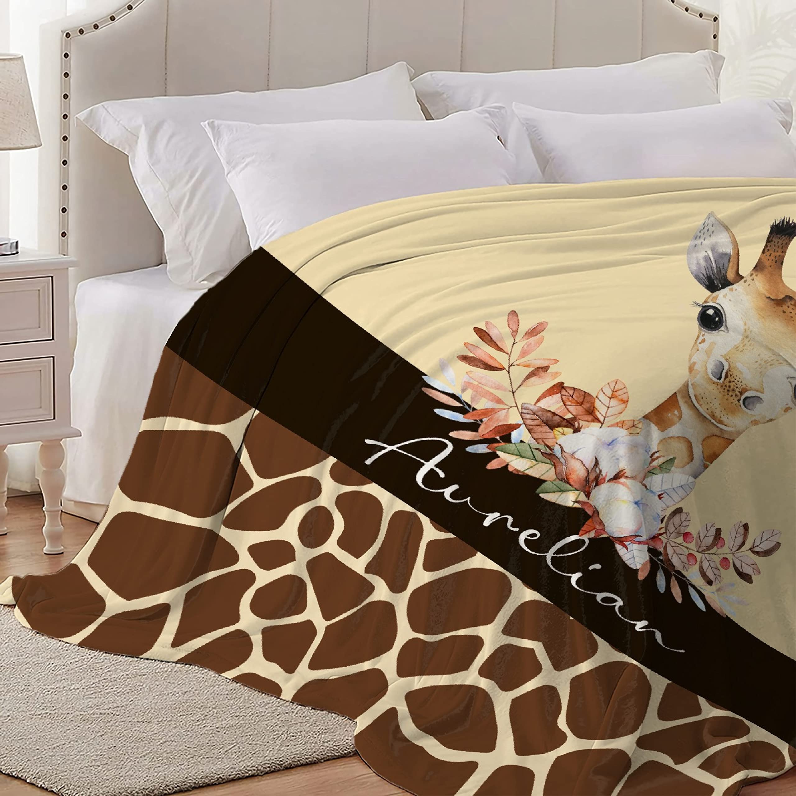 Personalized Baby Blanket with Name - Custom Giraffe & Flower Fleece Throw Blanket for Boys & Girls | Extra Large 120x90 Inch | Perfect Baby Shower, Birthday Gift for Granddaughter, Niece | Cozy Nursery & Family Cuddle Blanket