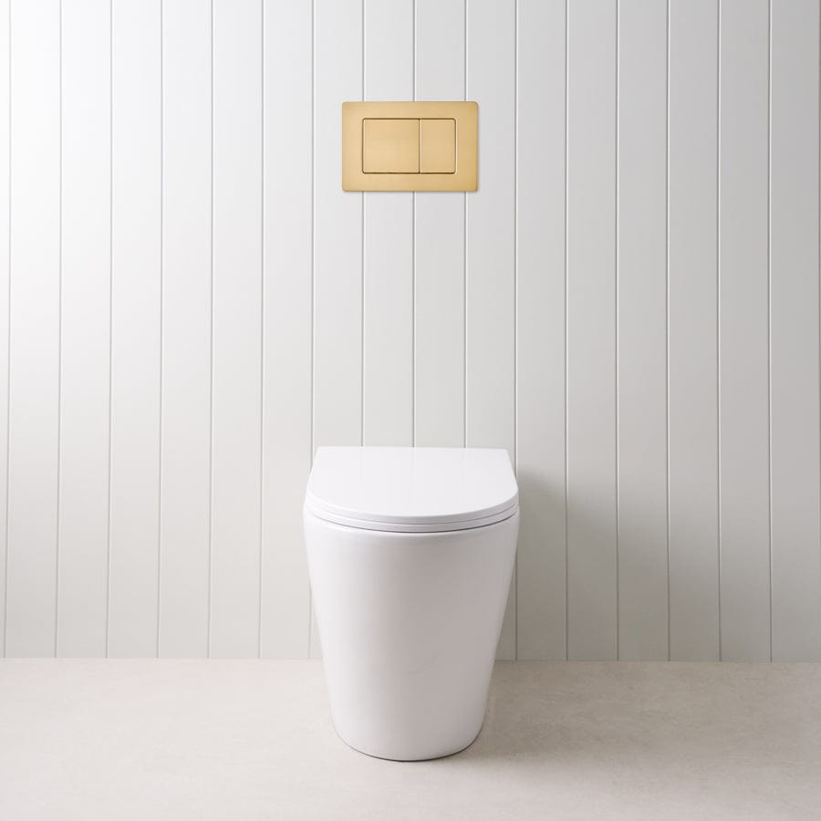 Angled In-Wall Toilet with Rectangle Brushed Brass Buttons - Modern Space-Saving Bathroom Solution for Small Spaces & Luxury Homes