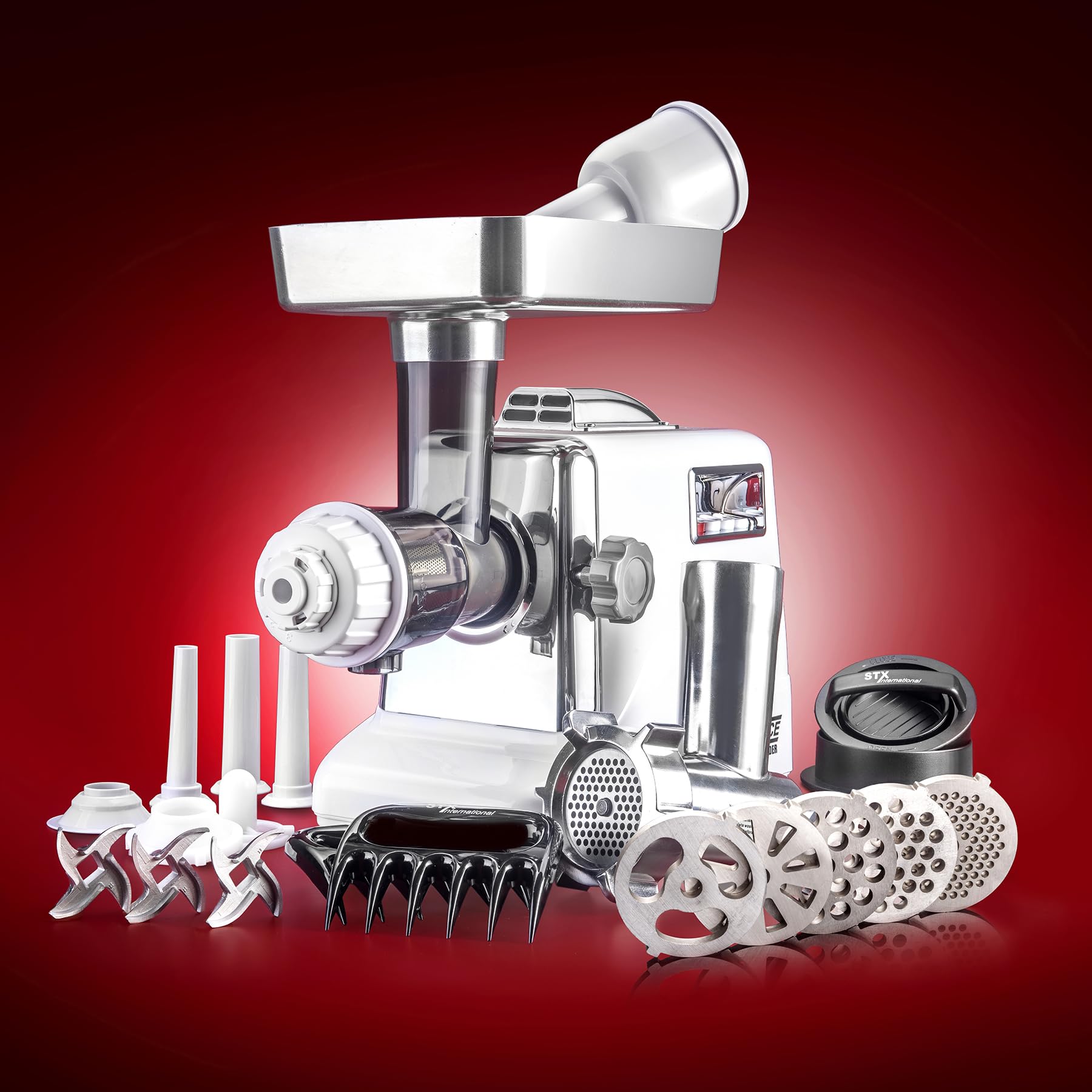 3000W Megaforce 3000 Series 6-in-1 Electric Meat Grinder - Heavy Duty Air Cooled Juicer with 3 Speed Settings, 5 Stainless Steel Grinding Plates & Sausage Stuffer Attachment - Perfect for Home Kitchen, Butcher Shop & Commercial Use