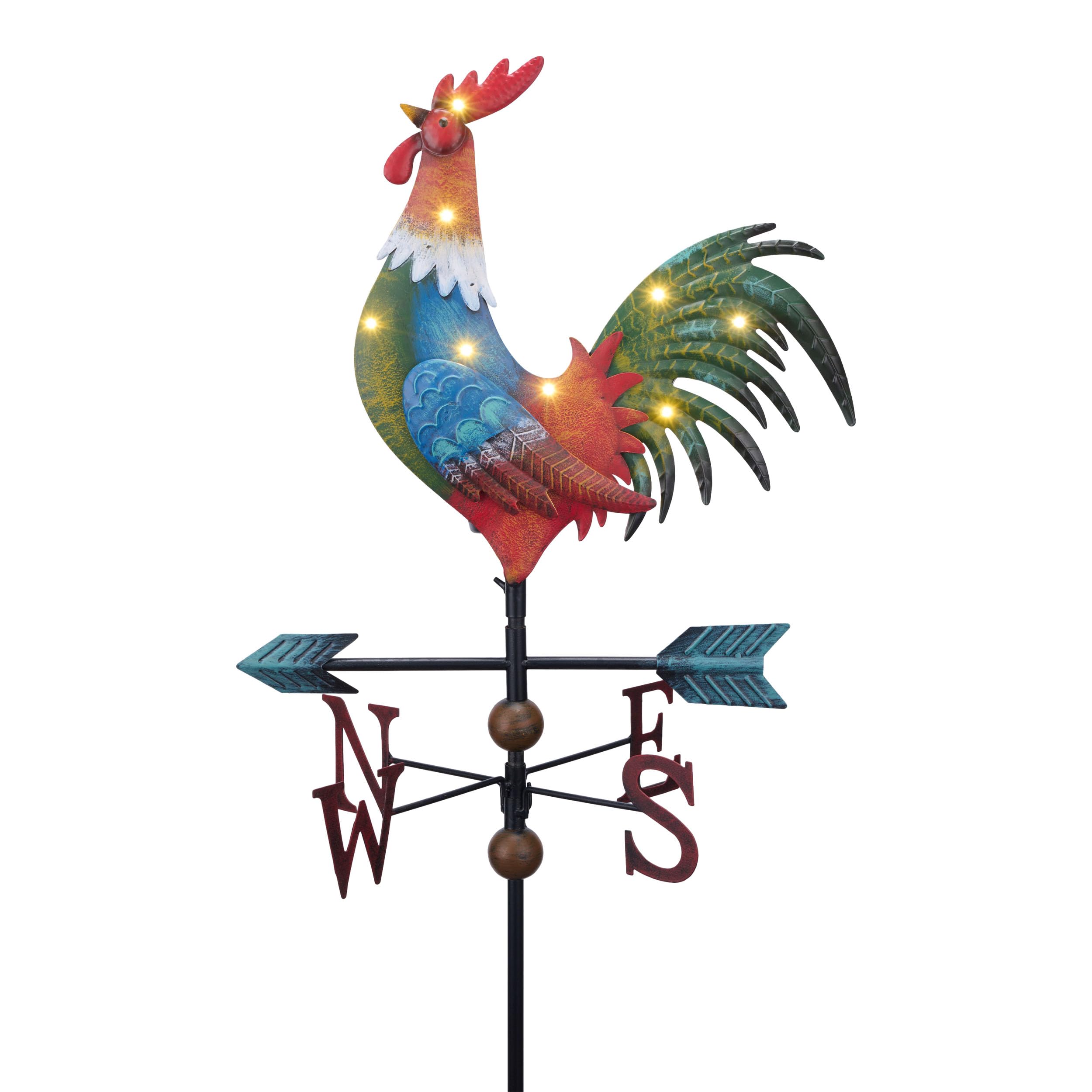 Solar-Powered Red Rooster Metal Weathervane - 39.4'' Outdoor Garden Decor with LED Lights, Rust-Resistant Yard Art Stake for Lawn & Patio | Perfect Mother's Day Gift & Farmhouse Decoration for Backyard, Porch or Garden Pathway