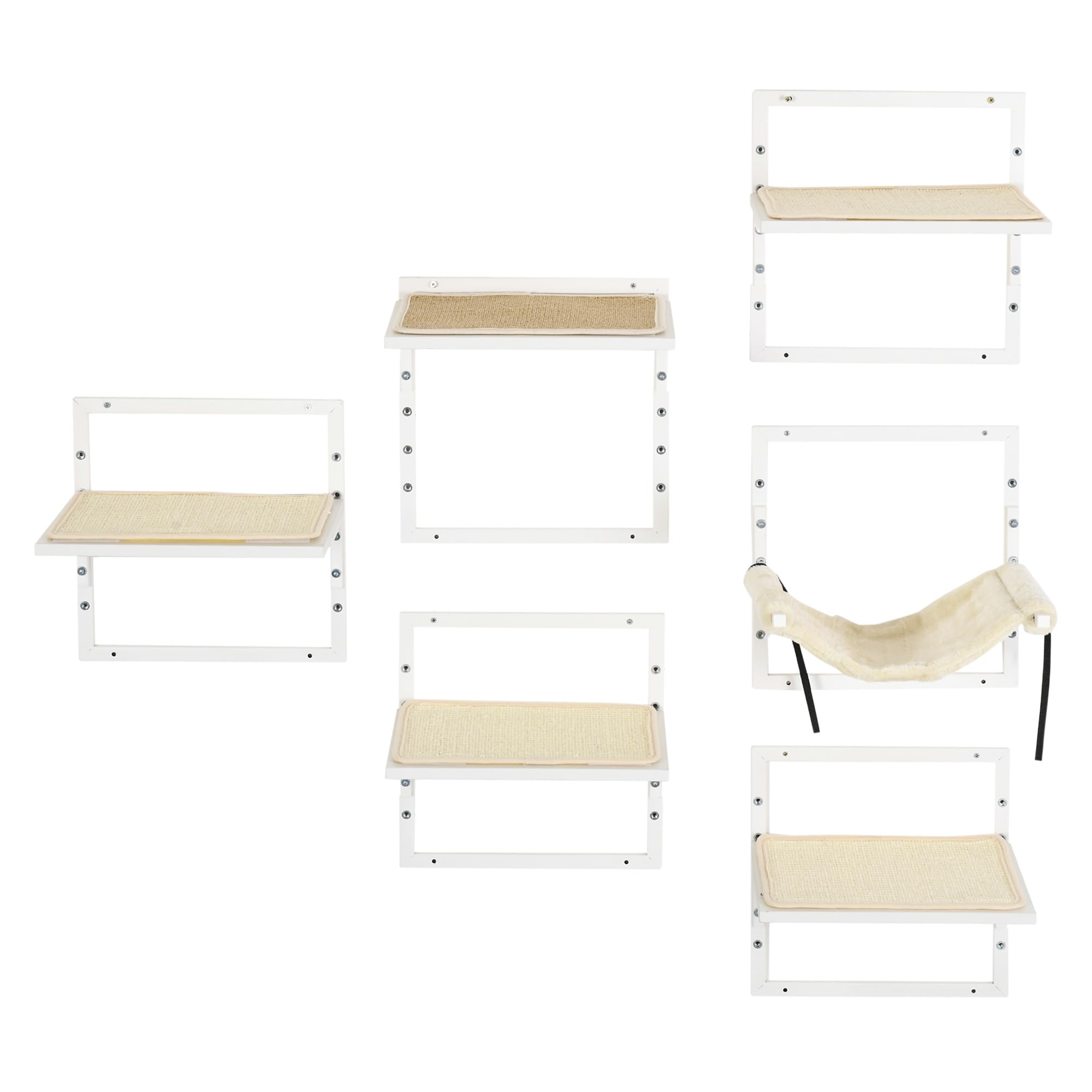 **PawHut 6-Piece Modern Cat Wall Shelves Set - Adjustable Height Cat Perches, Jumping Platforms & Hammock for Indoor Cats - Cream White - Perfect for Small Spaces & Cat Play Areas**