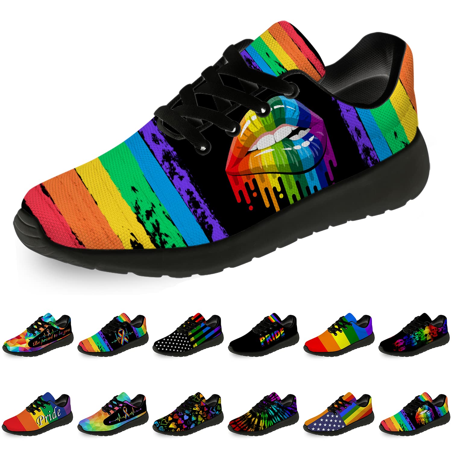 LGBTQ Pride Running Shoes for Women & Men - Comfortable Walking & Tennis Sneakers with Rainbow & Lips Design - Size 7.5 Men/9 Women in Black - Perfect for Pride Parades, Gym Workouts & Casual Wear