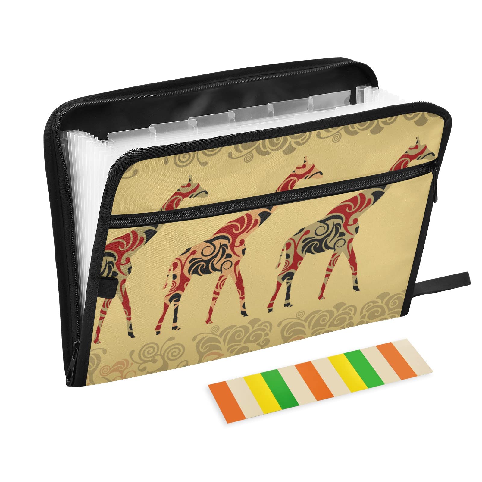 UMIRIKO 13-Pocket Expanding File Folder with Sticky Labels - Giraffe Africa Design, A4 Letter Size Accordion Document Organizer with Zipper Closure - Perfect for Office, School, and Home Organization