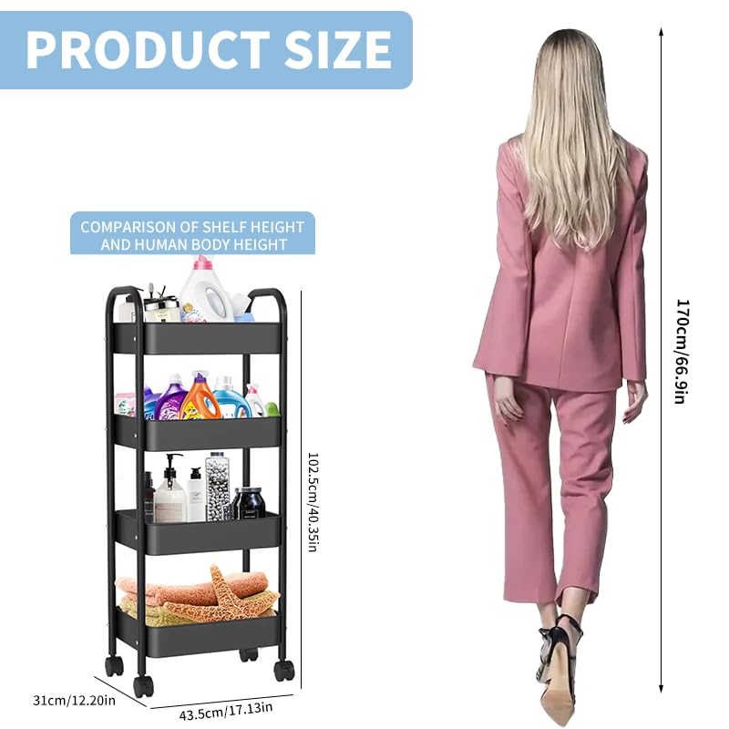4 Tier Rolling Utility Cart with Wheels - Heavy Duty Metal Storage Organizer for Kitchen, Living Room, Office & Garage - Detachable Mobile Trolley with Locking Casters (Black) - Perfect for Organizing Pantry Items, Bathroom Supplies, Office Files or Garage Tools