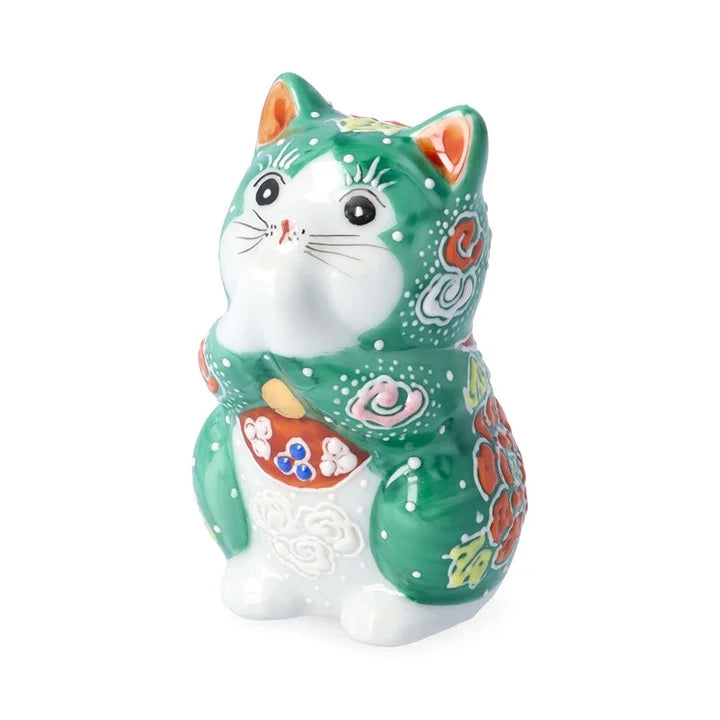 Authentic Kutani Yaki Japanese Maneki Neko Lucky Cat Figurine - Green Beckoning Cat for Good Fortune | Perfect for Home Decor, Office Feng Shui & Japanese Culture Enthusiasts