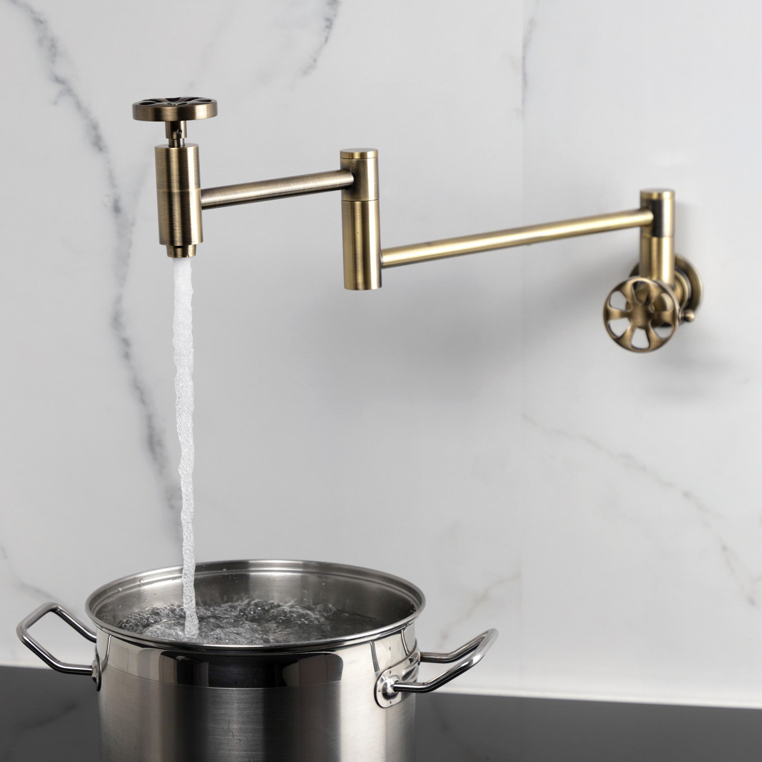 Belknap KS8103RX Two Handle Wall Mount Pot Filler Faucet in Antique Brass - Perfect for Kitchen Sink, Stove, and Cooking Area Installation