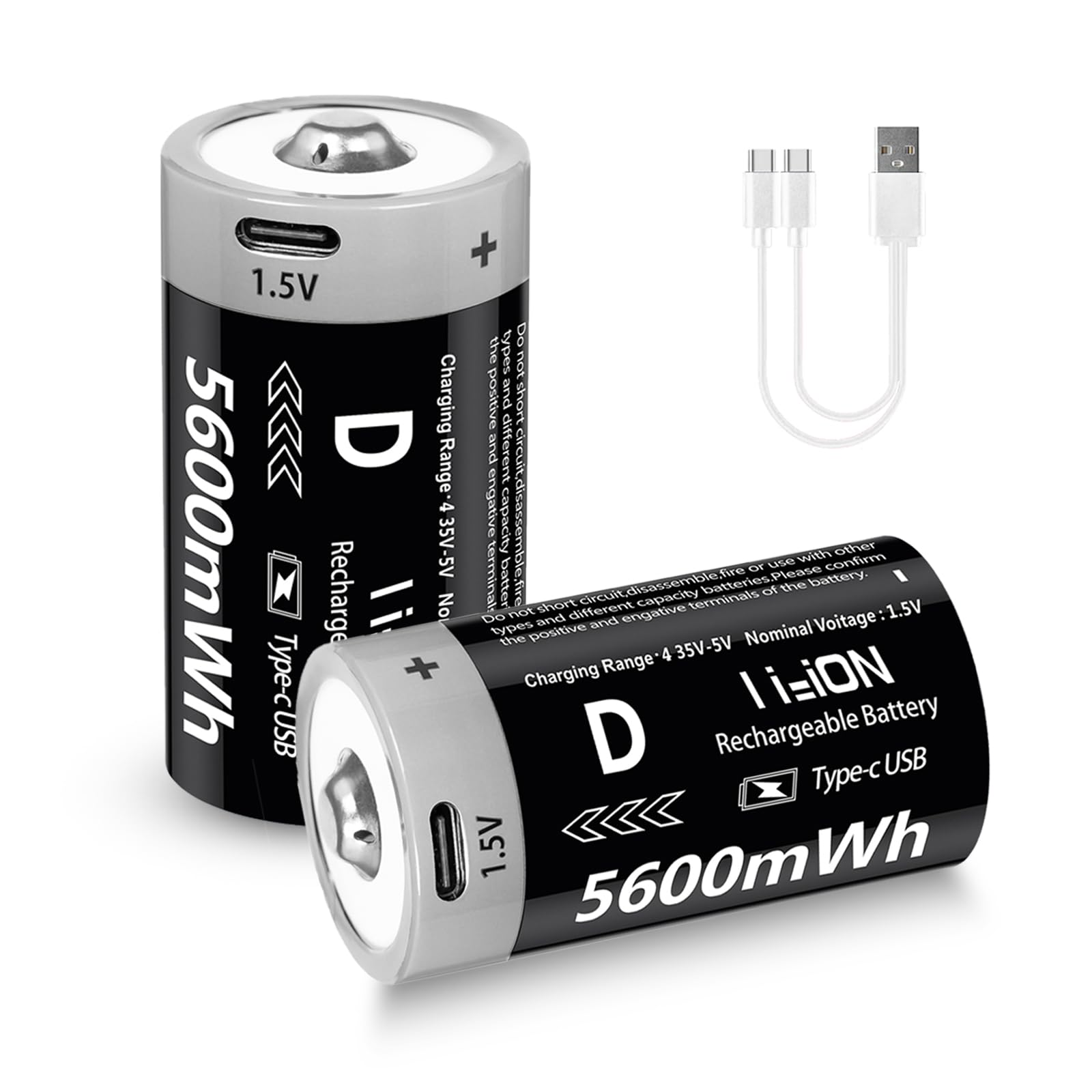Rechargeable D Batteries 1.5V 5600mWh Lithium-ion with USB-C Charging Cable - 2 Pack Long Lasting D Size Batteries for Flashlights, Water Heaters, Gas Stoves & Emergency Power Outages - 1000 Charge Cycles High Capacity Battery