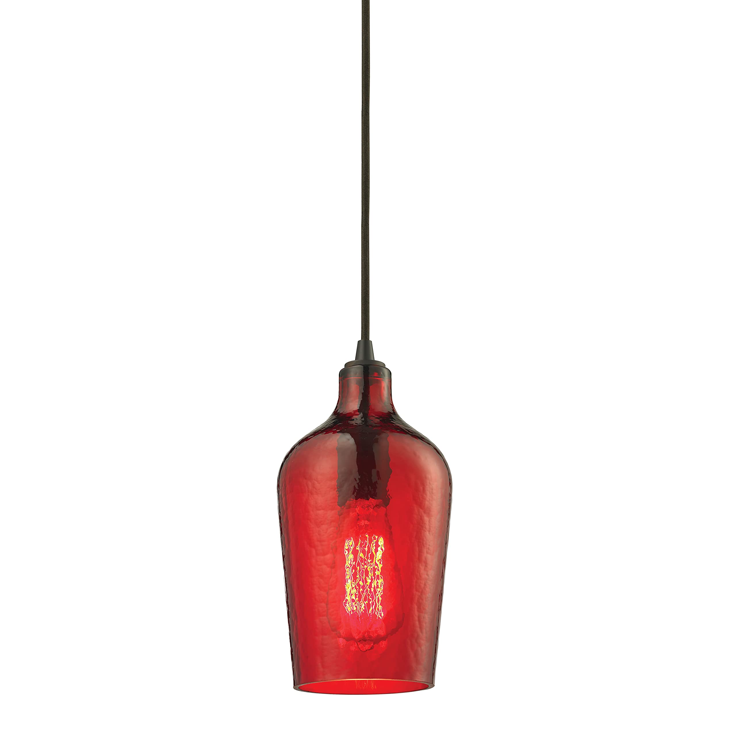 Elk Home Mini Pendant Light - Oil Rubbed Bronze Finish with Red Hammered Glass, Transitional Style Chandelier for Dining Room, Kitchen Island & Entryway Lighting