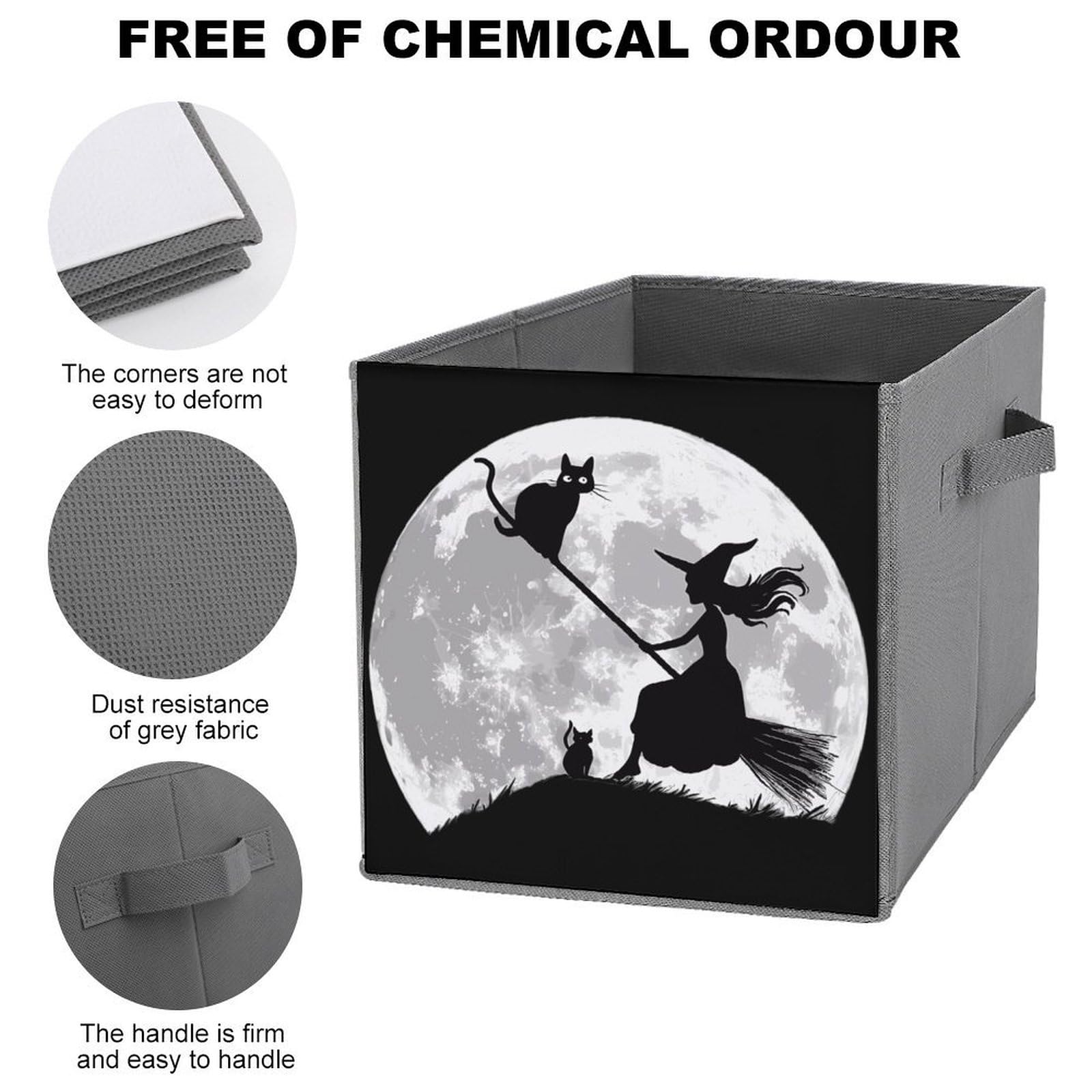 Flying Witch on Broomstick Halloween Storage Bins - 2-Pack Foldable Storage Cubes with Handles for Home Organization | Perfect for Closet, Bathroom & Toy Storage (Black Cat & Full Moon Design)