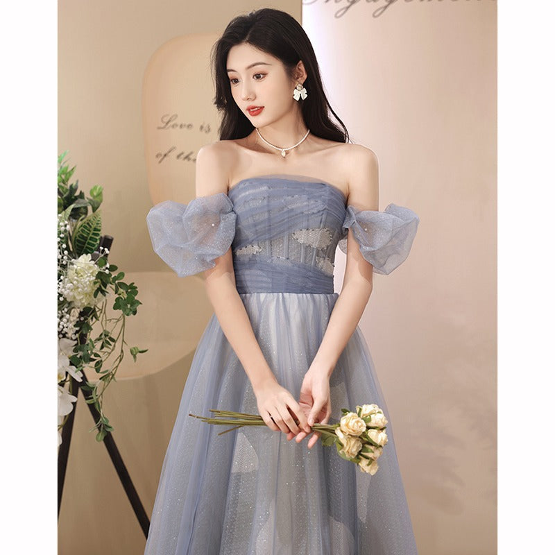 Sparkly Off Shoulder Prom Dress - A-Line Tulle Party Gown with Puff Sleeves | Elegant Blue Evening Gown for Homecoming, Prom Night & Special Occasions