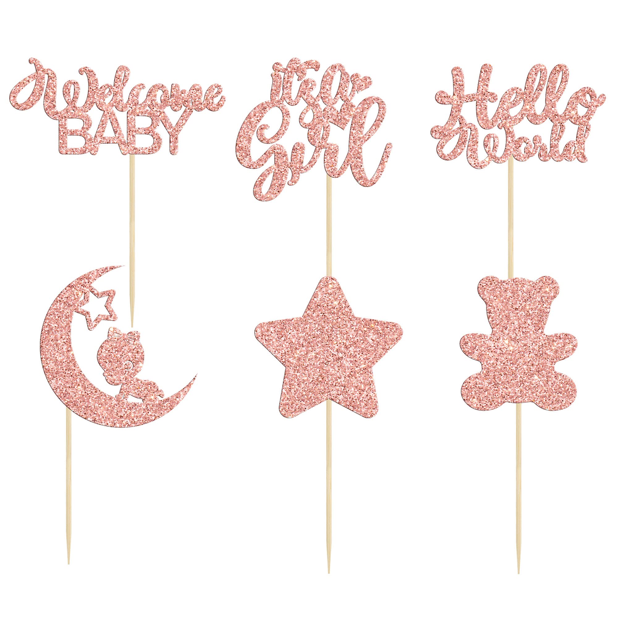 24Pcs Baby Shower Cupcake Toppers - Rose Gold Glitter Bear & Star Decorations for Gender Reveal, It's a Girl Party, Hello World Theme - Perfect for Baby Showers, Kids Birthday Cakes & Gender Reveal Celebrations