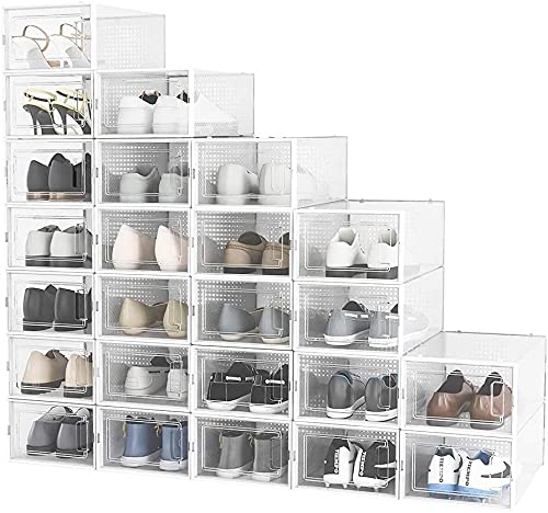 24 Pack Clear Plastic Stackable Shoe Storage Boxes with Lids - 13.4 x 9.1 x 5.5 Inches - Front Opening Shoe Organizer Containers for Closet, Bedroom & Office Organization