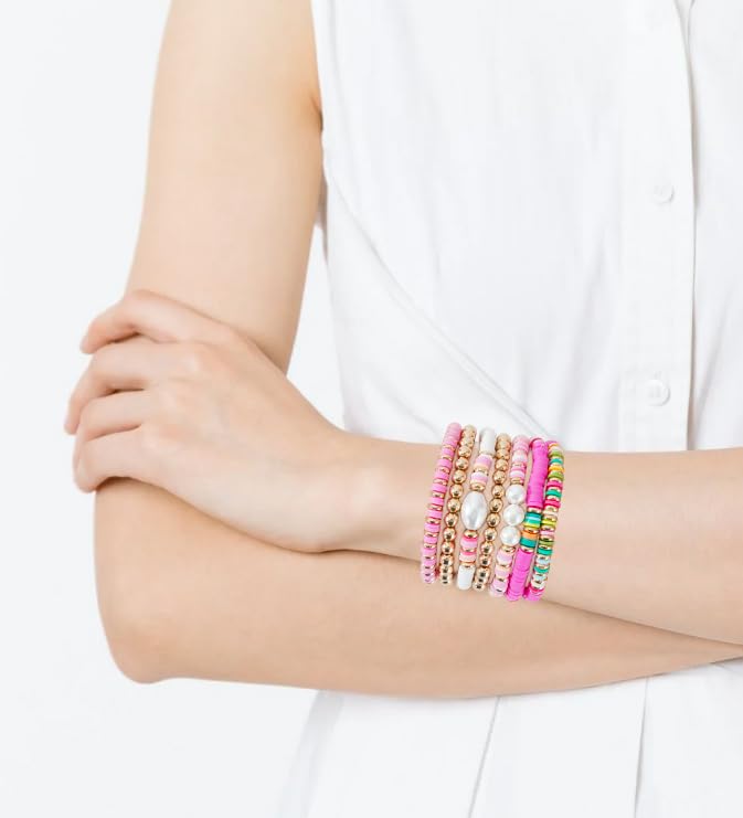 Stackable Gold Polymer Bead Stretch Bracelet Set for Women - Summer Surfer Heishi Layering Jewelry - Perfect for Beach Vacations, Boho Fashion & Everyday Wear