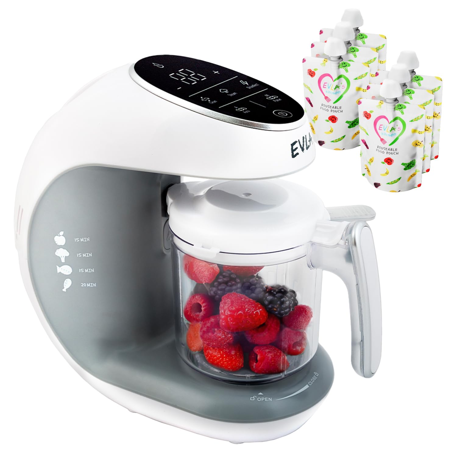 EVLA'S Baby Food Maker & Steamer Blender - 6-in-1 Baby Food Processor for Healthy Homemade Purees in Minutes | Touch Screen Control with 6 Reusable Food Pouches | Perfect Baby Shower Gift & Registry Essential | Ideal for Making Organic Baby Food at Home (White)