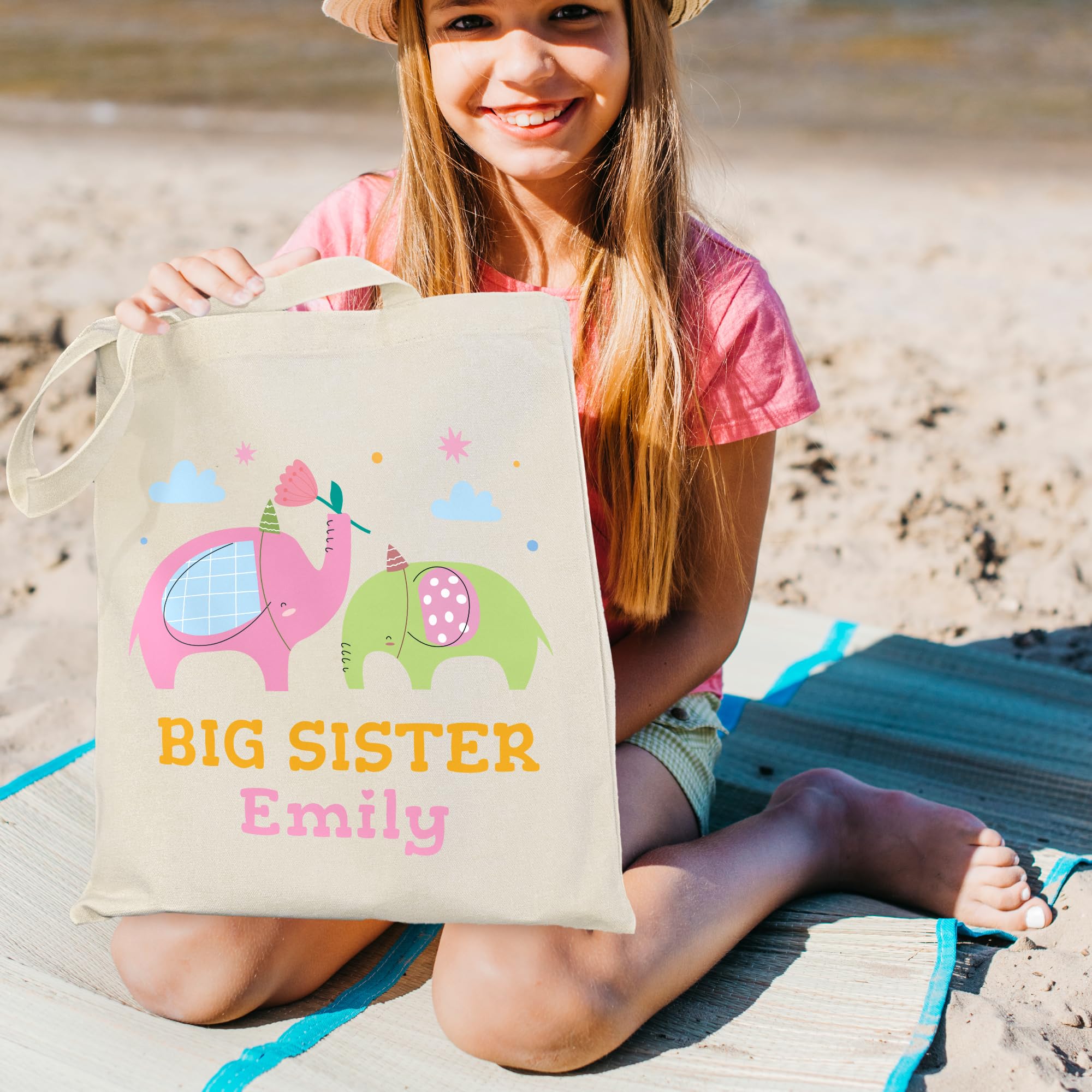 Personalized Baby Shower Gift for Big Sister - Custom Name & Elephant Design Canvas Tote Bag - Perfect Gift for Soon-to-Be Sister, Daughter, Granddaughter or Niece (Design 07, Beige, Medium) - Ideal for Baby Showers, Birthday Presents & Special Occasions
