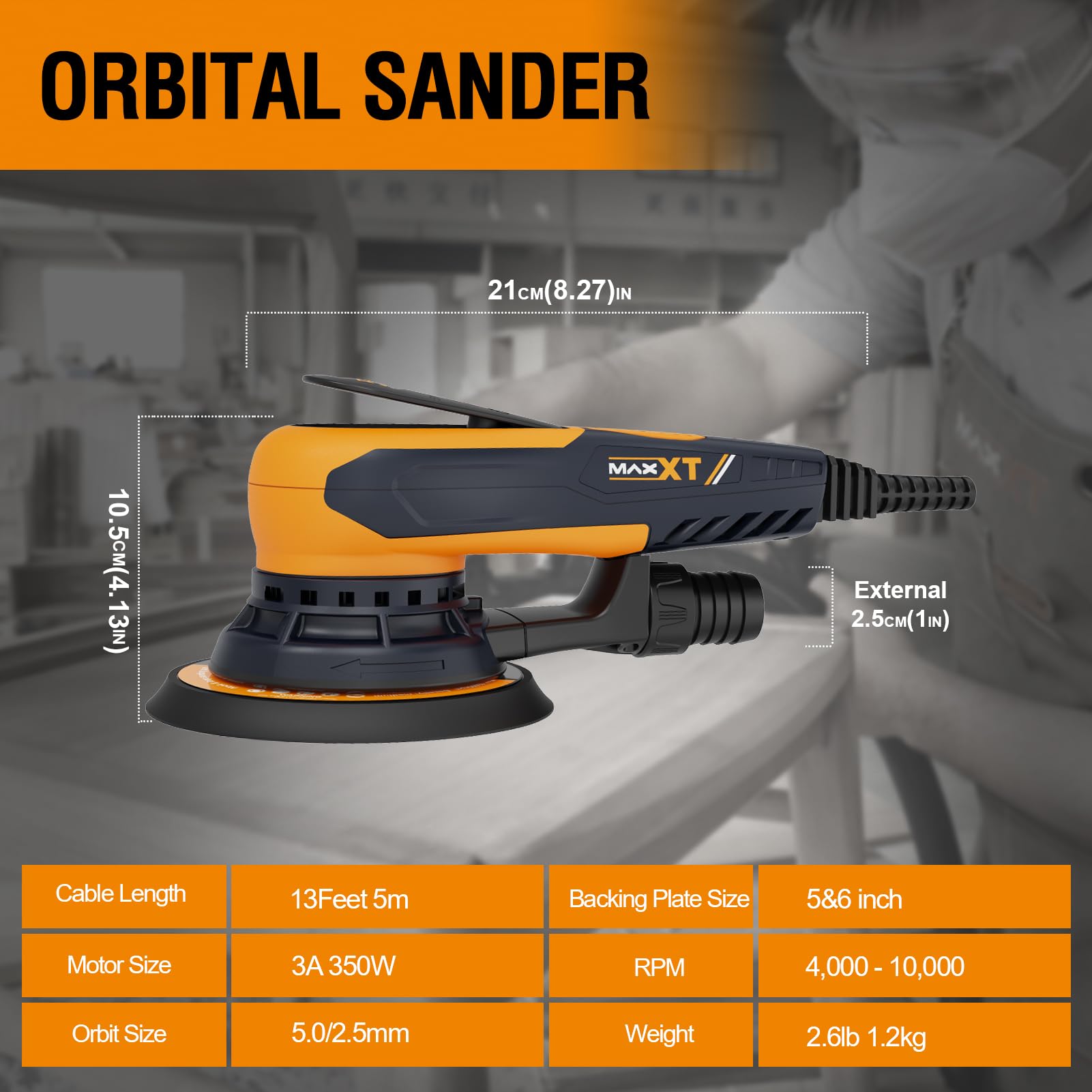 MAXXT Electric 5mm Random Orbital Sander with Brushless Motor - 5 & 6 Inch Sanding Pads, Central Vacuum System - Ideal for Woodworking, Primary Wood & Panel Processing (Orange) - Perfect for DIY Projects, Furniture Refinishing & Surface Preparation
