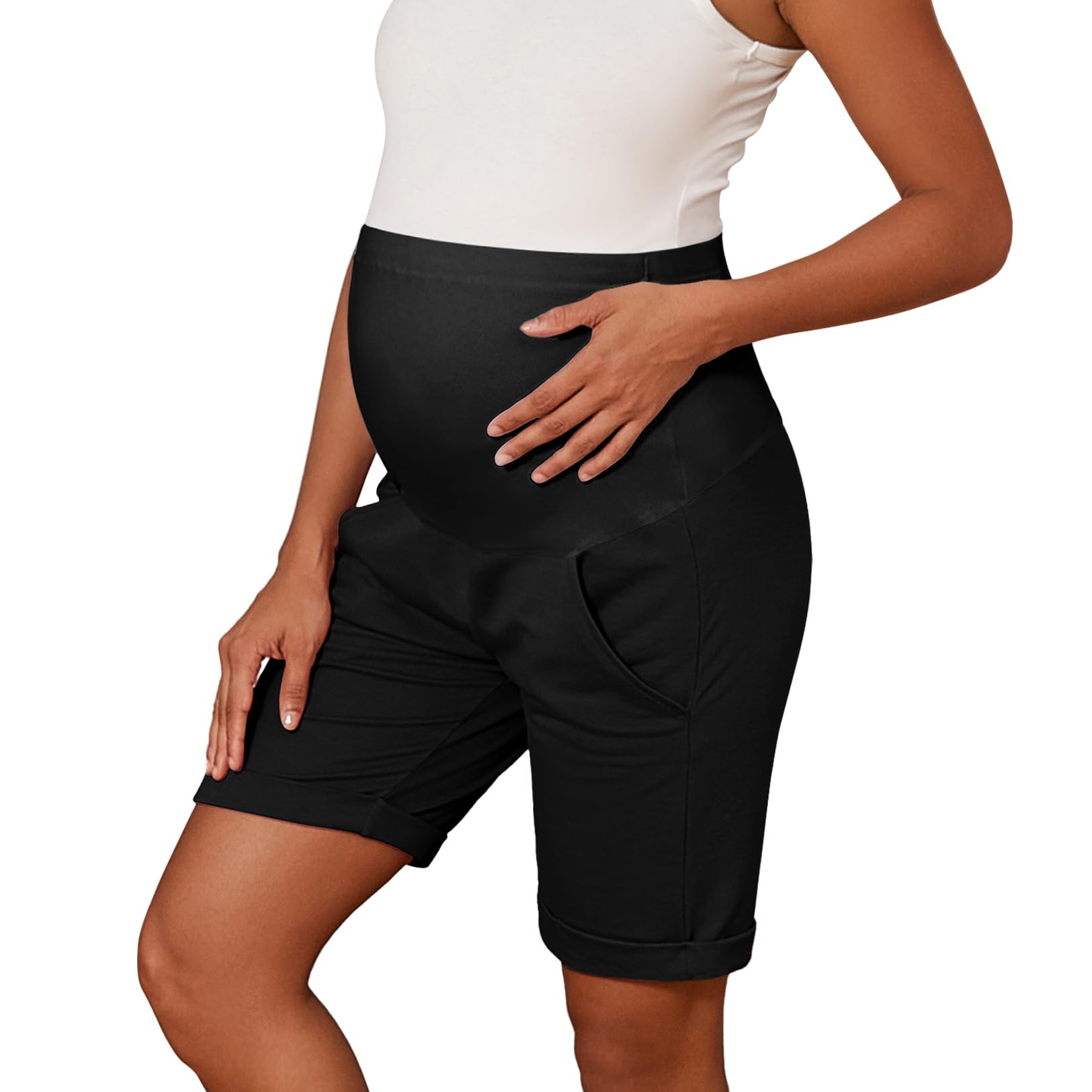 Bhome Maternity Bermuda Shorts - Over The Belly Pregnancy Workout Shorts with Pockets - Loose Fit Casual Maternity Pants for Yoga, Walking & Summer Comfort