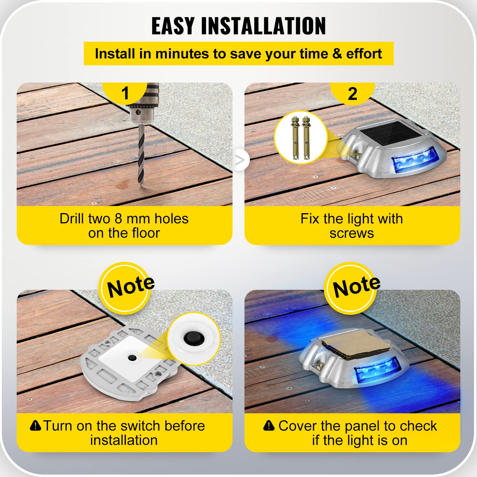 Happybuy 8-Pack Solar Driveway Lights - Bright Blue LED Outdoor Waterproof Wireless Solar Lights for Deck, Dock, Path, Garden, Walkway, Sidewalk & Steps | Weatherproof Solar-Powered Landscape Lighting for Night Safety & Decoration