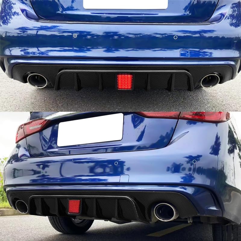 IKON MOTORSPORTS Rear Diffuser for 2018-2024 Infiniti Q50 - Carbon Fiber Style PP Rear Bumper Lip Spoiler with LED Brake Light | Enhances Aerodynamics & Sporty Look for Street Racing & Car Shows
