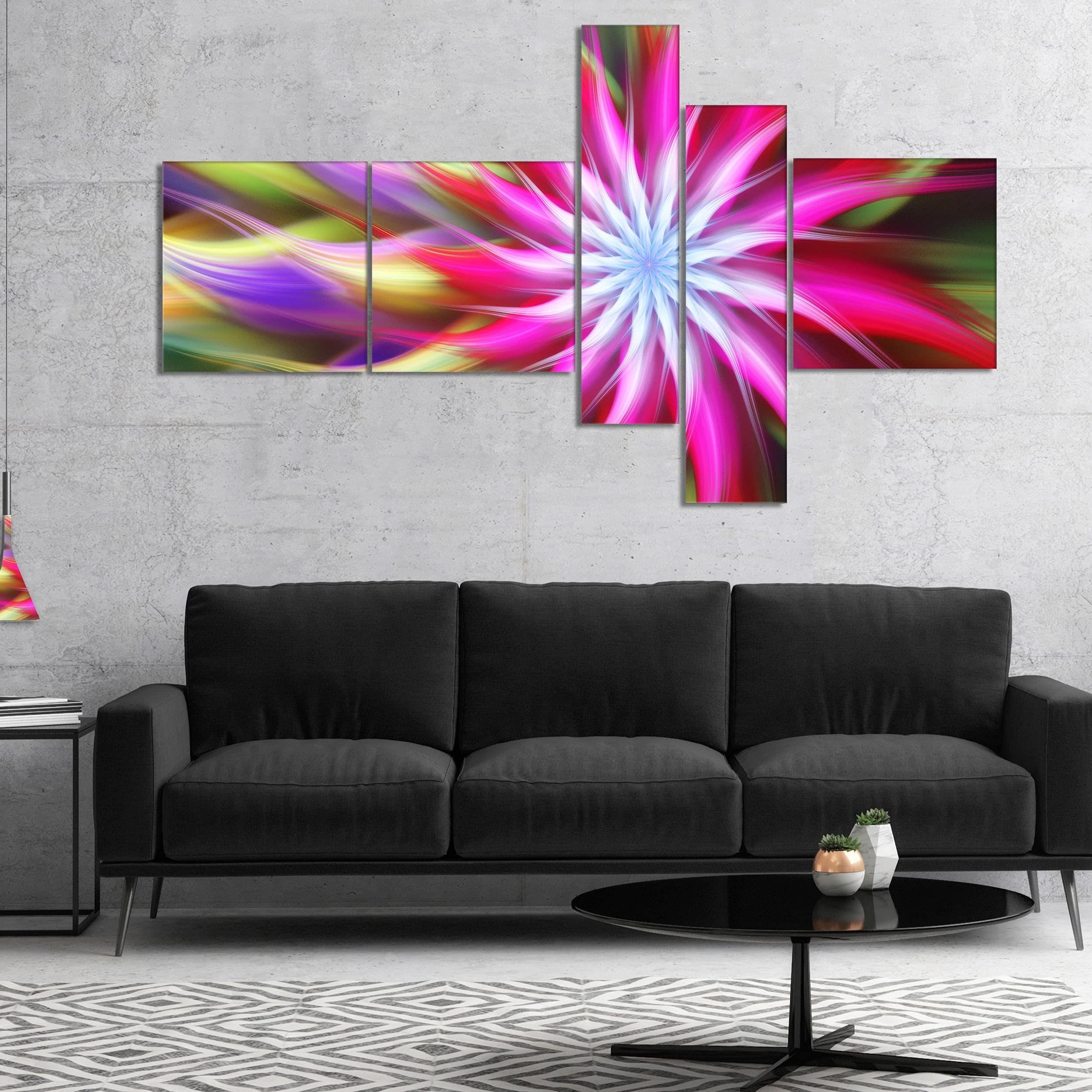 Designart 'Pink Flower Dance Bright Spiral' Floral Canvas Wall Art Print - 60x32 Inch 4-Panel Pink Abstract Flower Painting - Perfect for Living Room, Bedroom & Office Decor