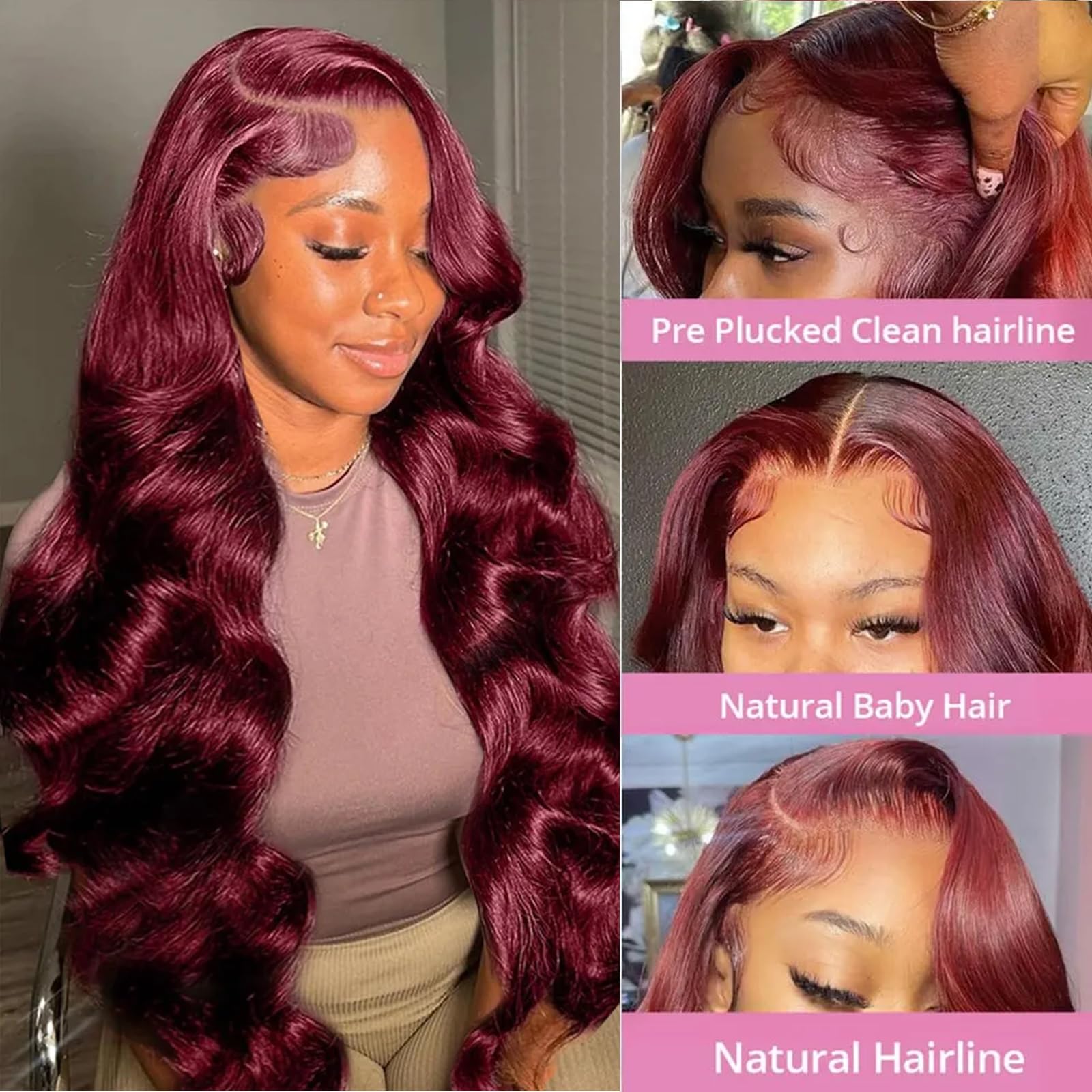 28 Inch 99J Burgundy HD Lace Front Wig - 13x4 Pre-Plucked Human Hair Wigs with Body Wave, 180% Density, Glueless Frontal Wig for Women (Wine Red) - Perfect for Daily Wear, Parties, Cosplay & Special Occasions
