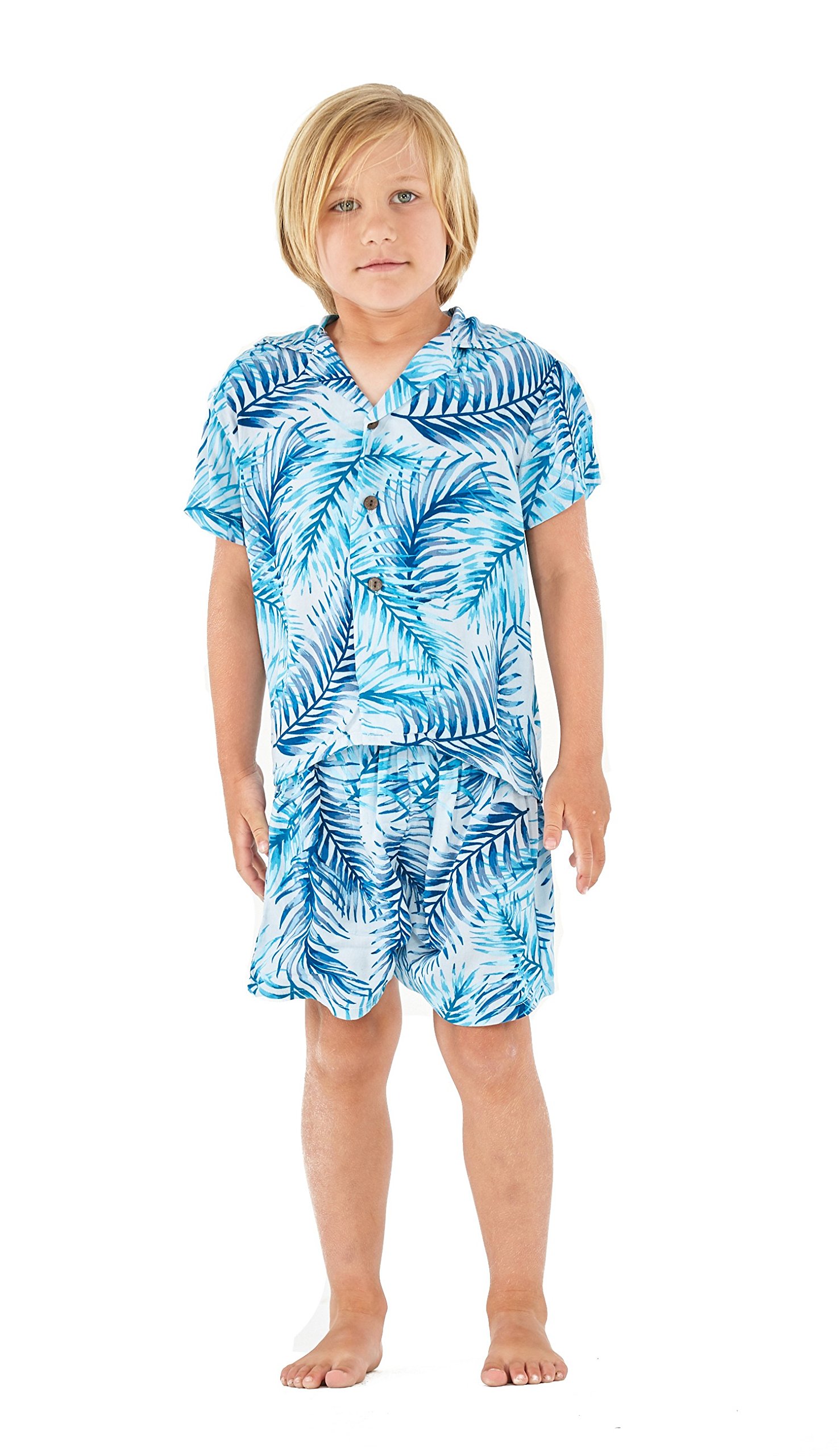Matching Mother Son Hawaiian Luau Outfit - Blue Tropical Leaf Print Aloha Dress & Shirt Set for Family Beach Party, Vacation Photos, and Summer Festivals