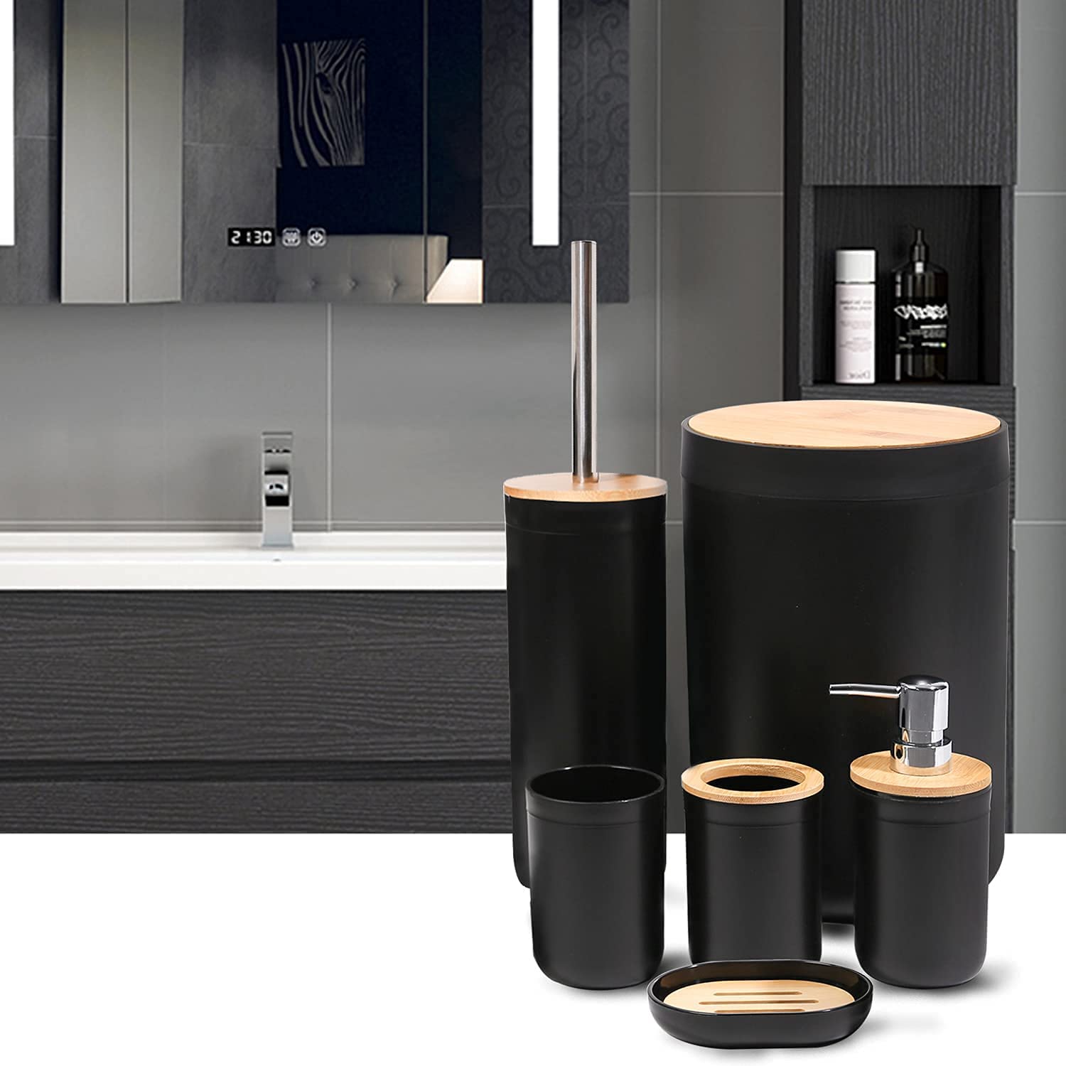 CERBIOR 6-Piece Bamboo Bathroom Accessory Set - Soap Dish, Toothbrush Holder, Rinse Cup, Lotion Bottle, Trash Can & Toilet Brush | Eco-Friendly Toilet Organizer for Bathroom, Powder Room & Guest Bath | Modern Black Bath Essentials for Home Decor