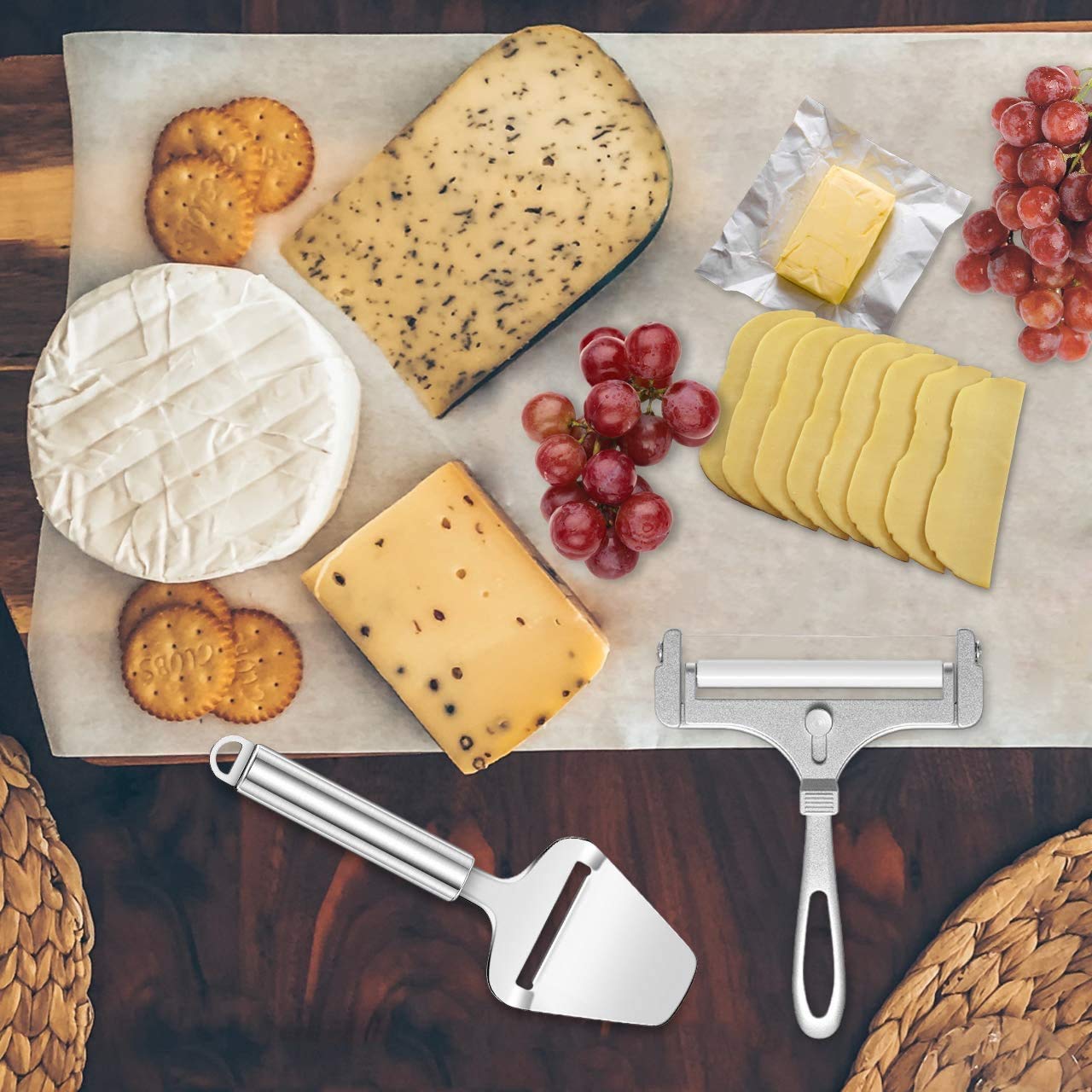 Premium Stainless Steel Cheese Knife with Wood Handle - Cheese Slicer & Cutter for Charcuterie Boards, Wine Pairings & Gourmet Cheese Platters (Option I)
