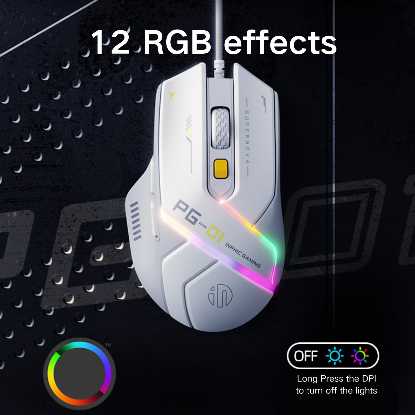 Lightweight Wired Gaming Mouse with 12800 DPI Adjustable, 6 Programmable Buttons & 12 RGB Lighting Modes - Ergonomic USB Optical PC Gaming Mouse for Laptop, Desktop - Perfect for FPS, MOBA Games and Office Work (White)