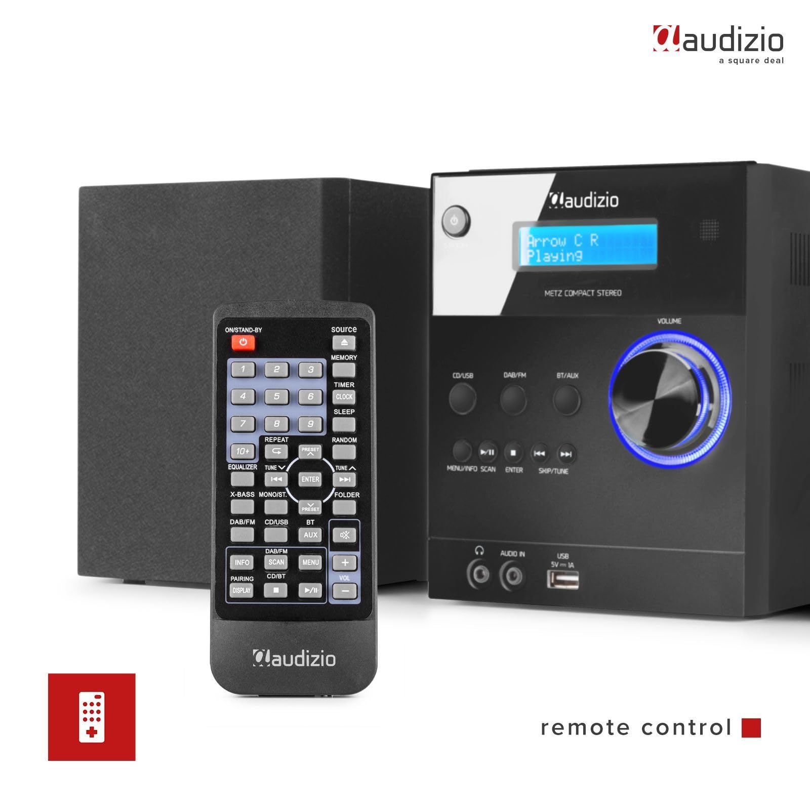 Audizio Metz HiFi Stereo System with DAB+ Digital Radio | Bluetooth 5.0 Wireless Streaming | CD Player & USB MP3 Playback | LCD Display & Remote Control | Bookshelf Speakers (Black) - Perfect for Home Audio & Entertainment Systems