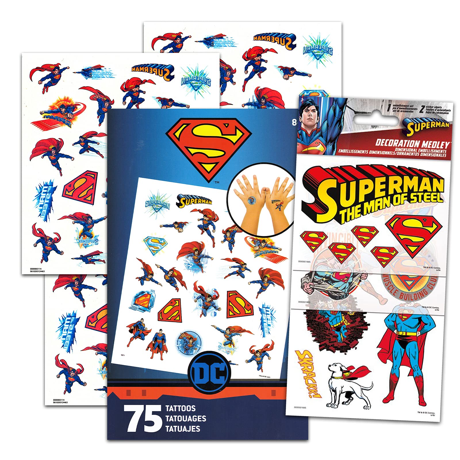Superman Stickers & Temporary Tattoos Party Pack - 75pcs DC Comics Superhero Decals for Kids Birthday, Cosplay & Comic Con Events