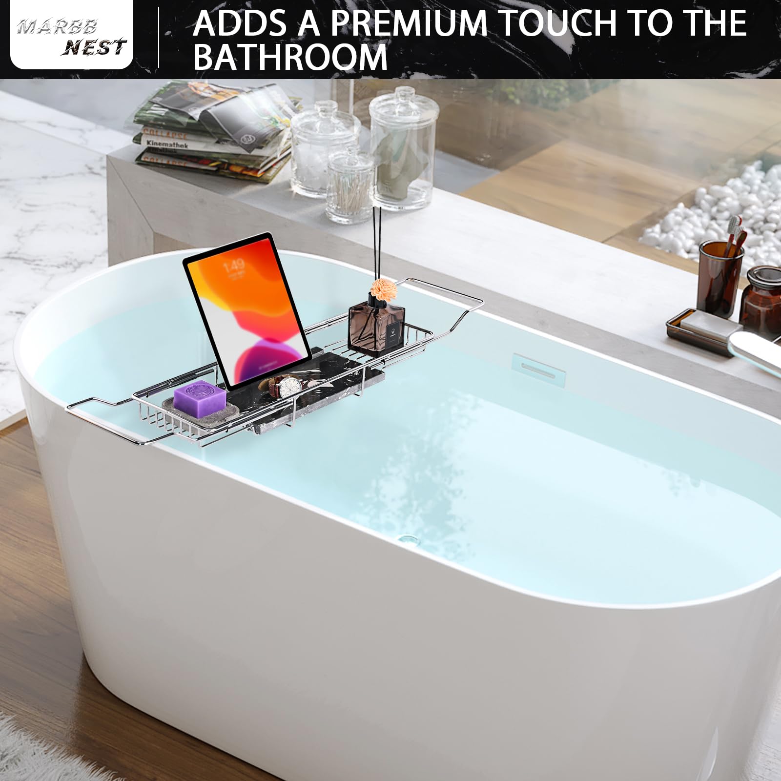Luxury Expandable Bathtub Tray Caddy with Natural Marble Top & Tablet Stand - Extra Wide Bath Tray for Spa Relaxation, Reading & Wine - Chrome & Black Finish for Home Bathroom Essentials