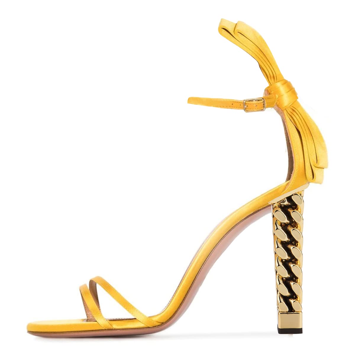 FSJ Women's Gold Metal Chain High Heel Sandals - Strappy Open Toe Ankle Strap Slingback Dress Pumps - Comfortable Summer Shoes for Weddings, Parties & Date Nights (Yellow, US Size 4-15)