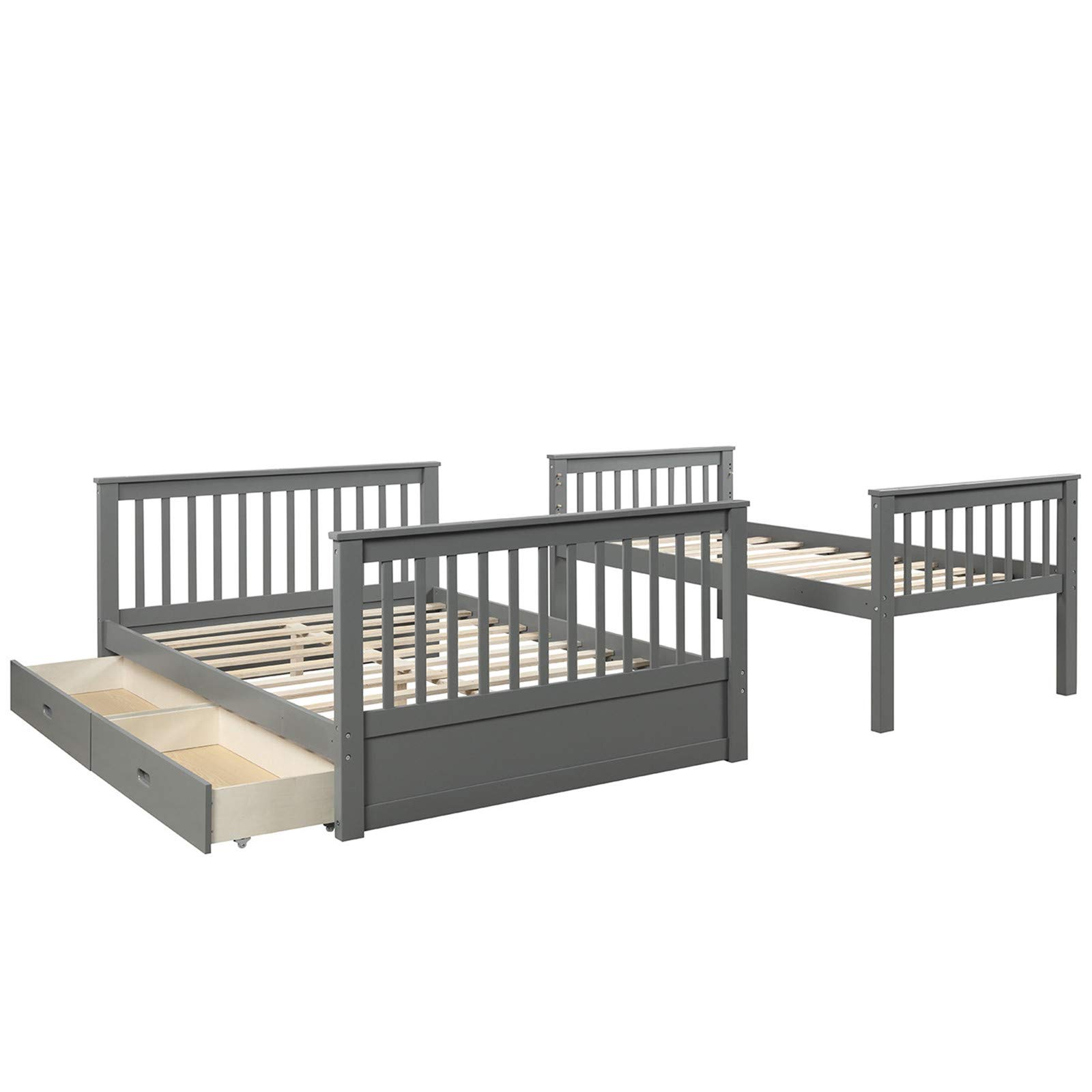 Harper & Bright Twin-Over-Full Bunk Bed with Drawers - Gray Kids Wood Bed Frame for Small Spaces