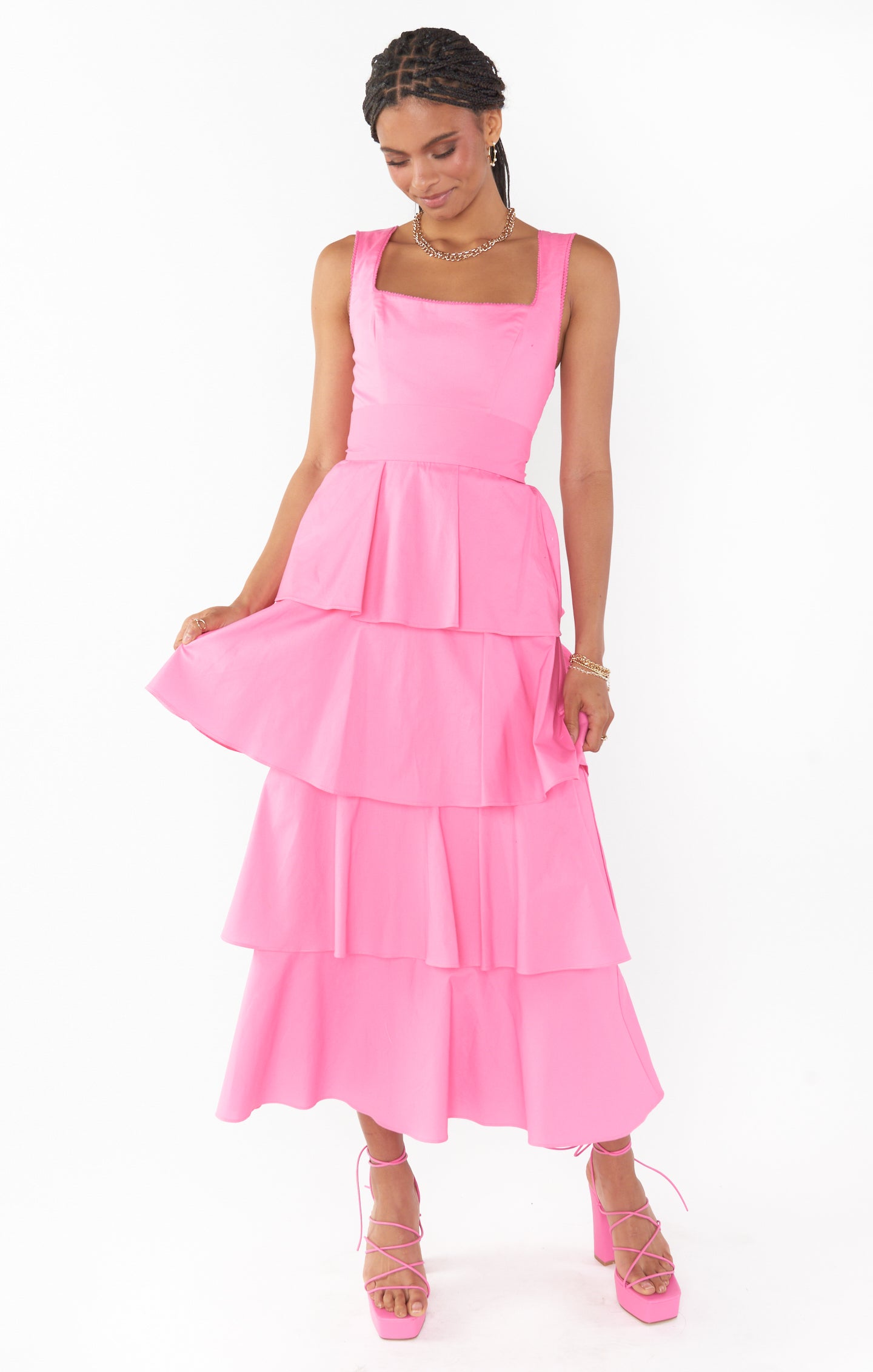 Meg Midi Dress - Pink Poplin Floral Summer Dress for Women | Casual & Party Wear | Perfect for Beach, Wedding & Date Night