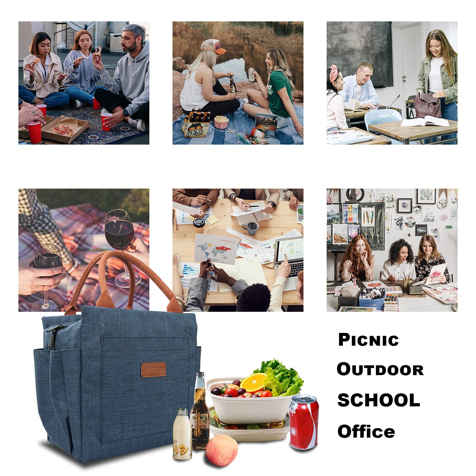 **Joymee Insulated Lunch Bag for Women & Men - Leakproof Reusable Large Tote with Bottle Holder & Side Pockets - Perfect for Work, Picnic, Travel, School & Outdoor Activities - Navy Blue**