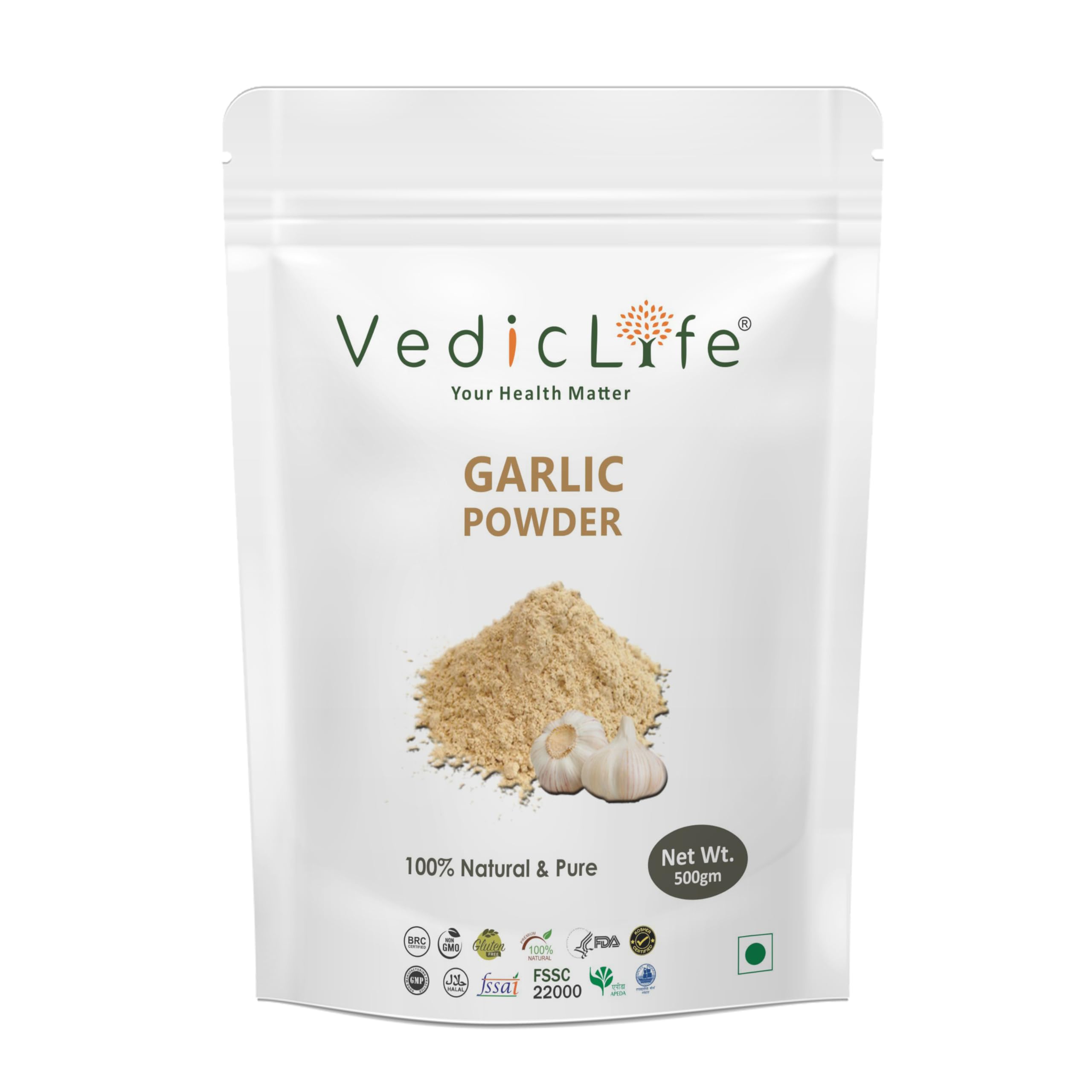 Organic Garlic Powder by Vediclife – 100% Pure, Flavorful Spice for Cooking, Heart Health & Immune Support (500g) | Perfect for Seasoning, Soups, Sauces & Homemade Remedies