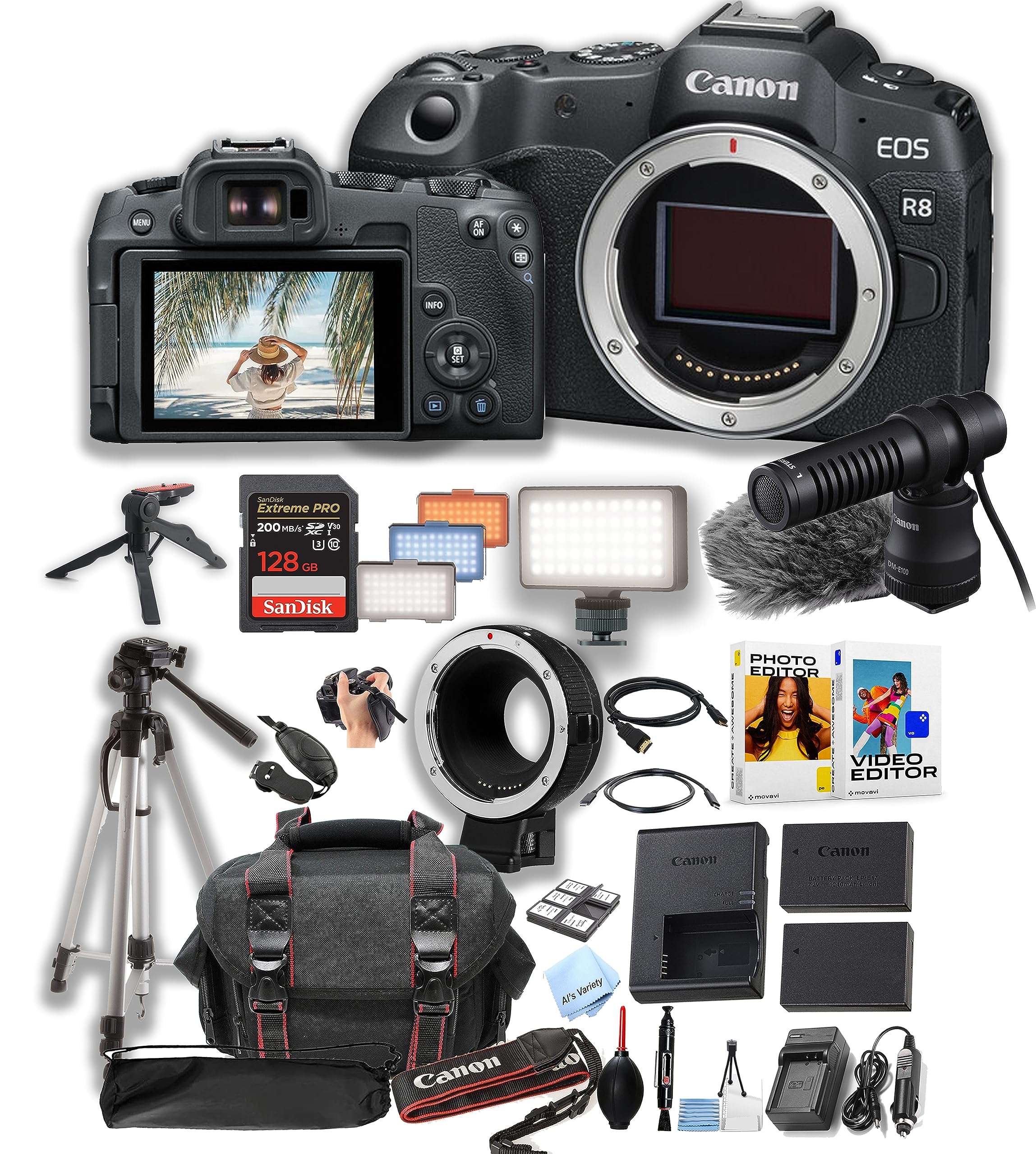 Canon EOS R8 Full Frame Mirrorless Camera Bundle with 128GB SD Card, RF-EF Lens Adapter, LED Video Light, DME 100 Mic, Case, Tripod & Software - Perfect for Vlogging, YouTube Content Creation & Professional Photography (Renewed)