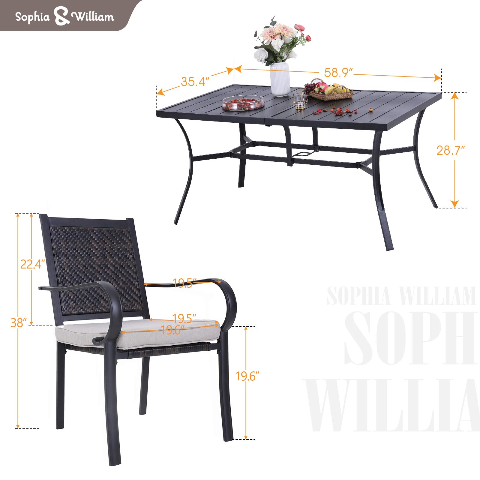Sophia & William 7-Piece Outdoor Dining Set - Weather-Resistant Rattan Wicker Patio Furniture with Metal Umbrella Table & 6 Cushioned Chairs for Garden, Backyard, Poolside & Outdoor Entertaining