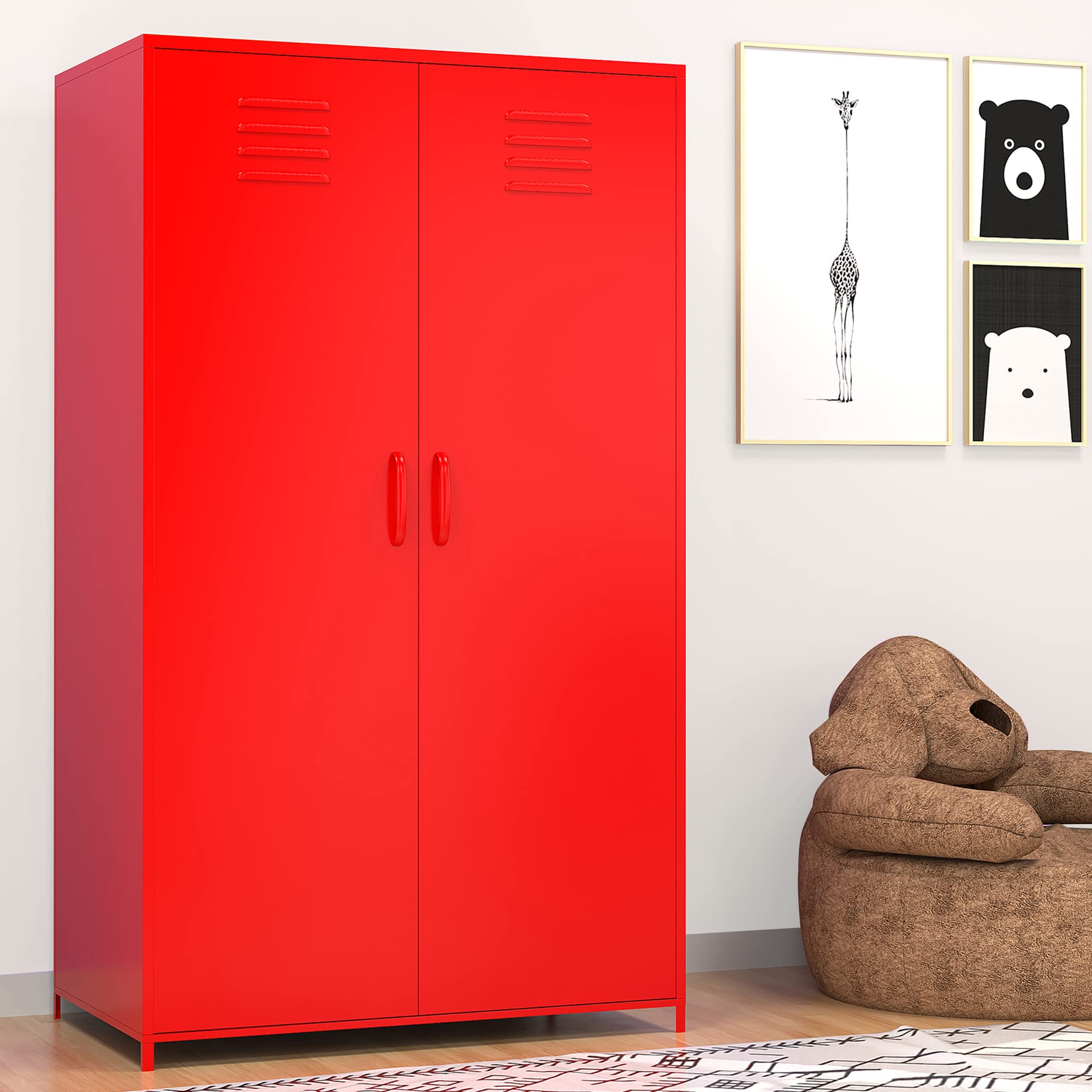 Steel Storage Cabinet with Double Doors - Hanging Rod & Shelves for Toys, Clothes, Books - Perfect for Bedroom, School, Classroom, Office (Red) - Organize Your Space with Durable Metal Locker
