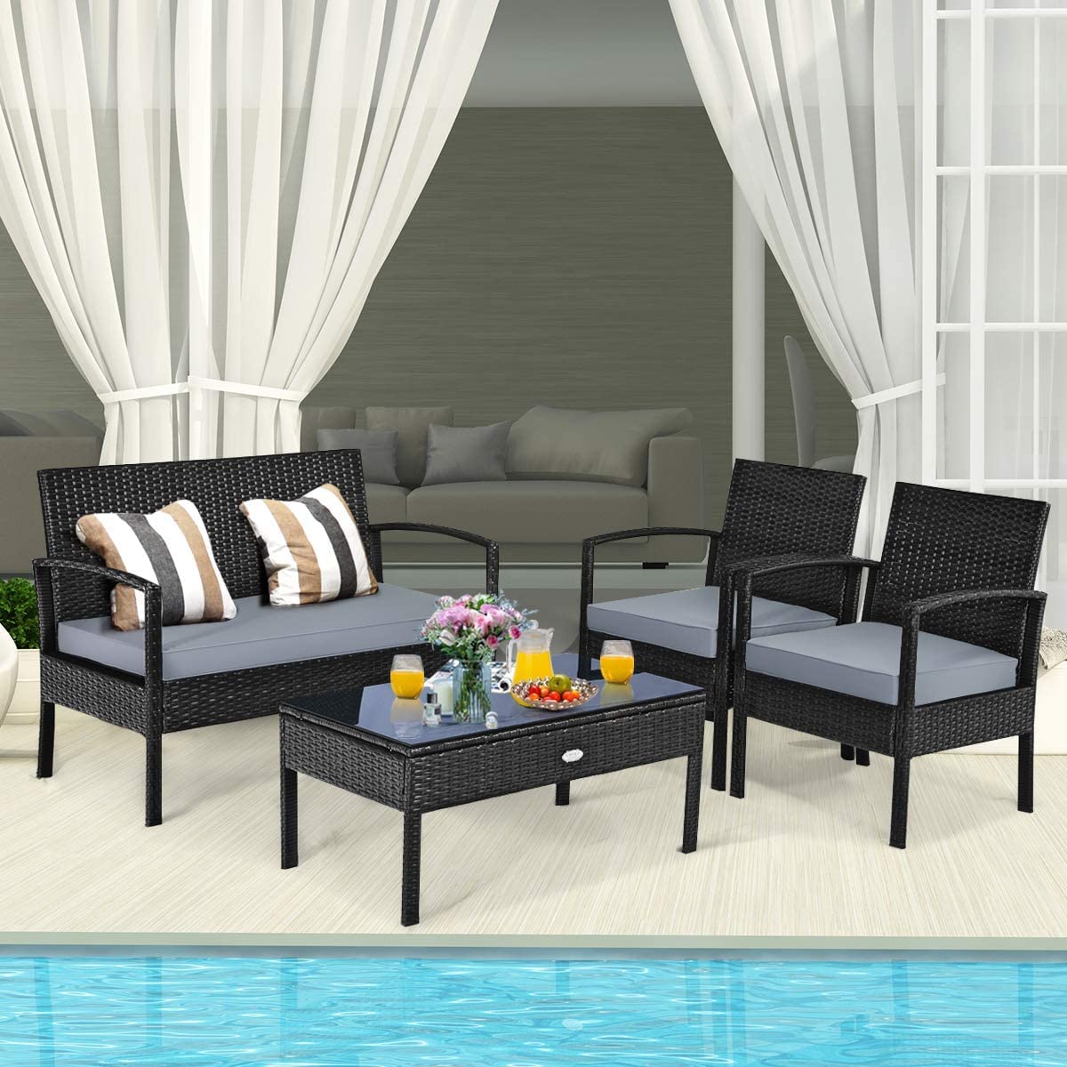 Hysache 4-Piece Outdoor Patio Rattan Conversation Set with Coffee Table & Padded Cushions - Wicker Furniture for Garden, Lawn, Courtyard, Balcony - Perfect for Relaxing, Entertaining & Outdoor Dining